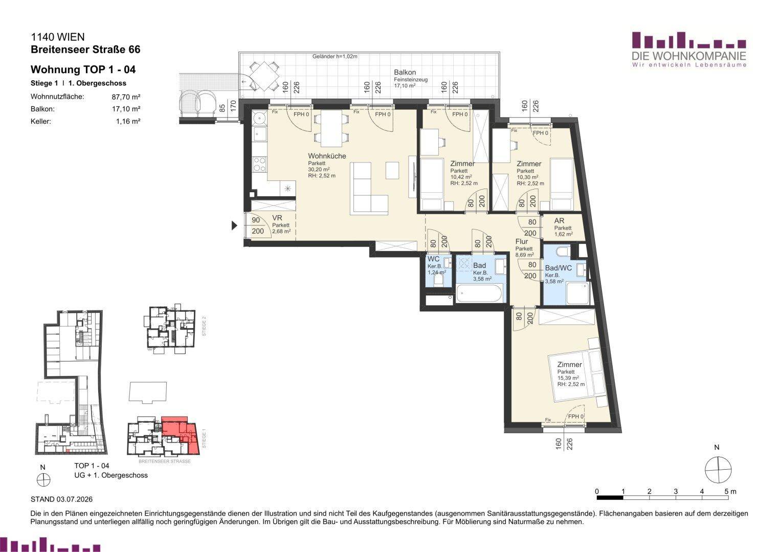 Grundriss der Wohnung TOP 1-04 mit offener Wohnküche, drei Zimmern, zwei Bädern und Balkon.