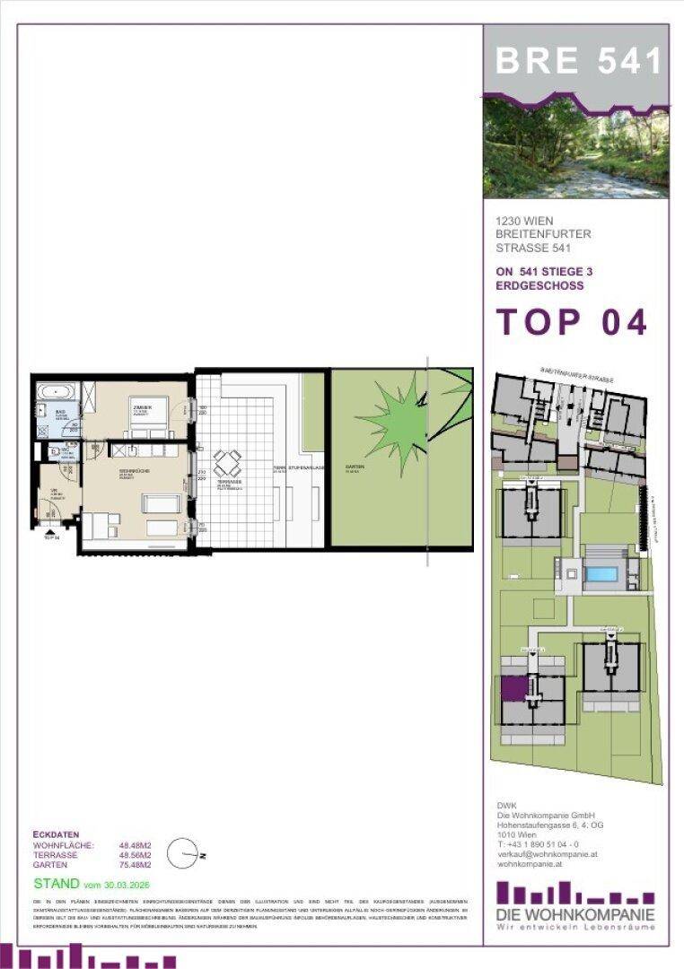 Grundrissplan der Erdgeschosswohnung Top 04 mit offenem Wohnbereich, Terrasse und Garten.