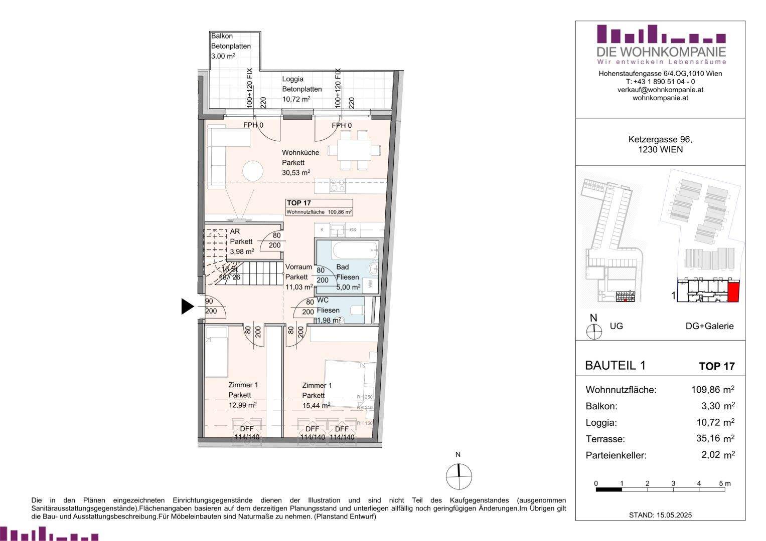 Grundriss einer Wohnung mit drei Zimmern, Balkon, Loggia und separatem WC.