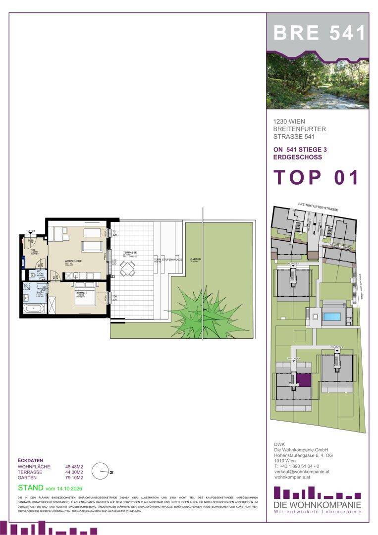 Grundriss einer Erdgeschosswohnung mit offenem Wohnbereich, Schlafzimmer, Bad, separatem WC, großer Terrasse und eigenem Garten.