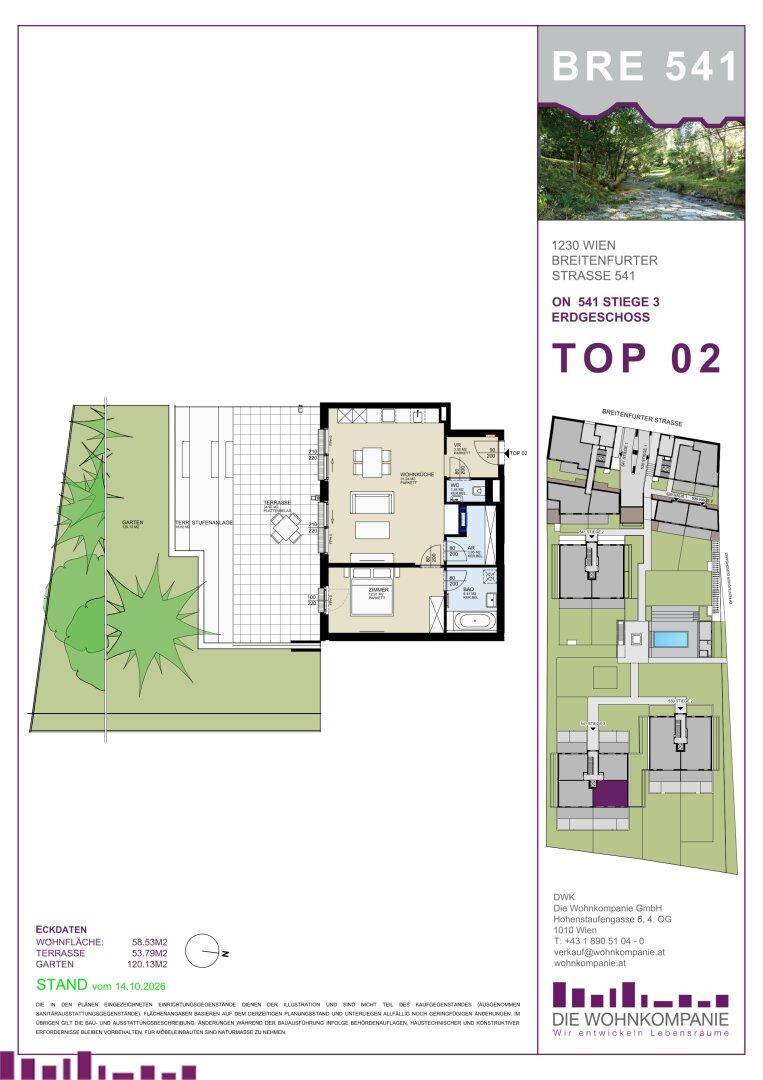 Grundriss einer Erdgeschosswohnung mit offenem Wohnbereich, Schlafzimmer, Bad und Zugang zu Terrasse und Garten.