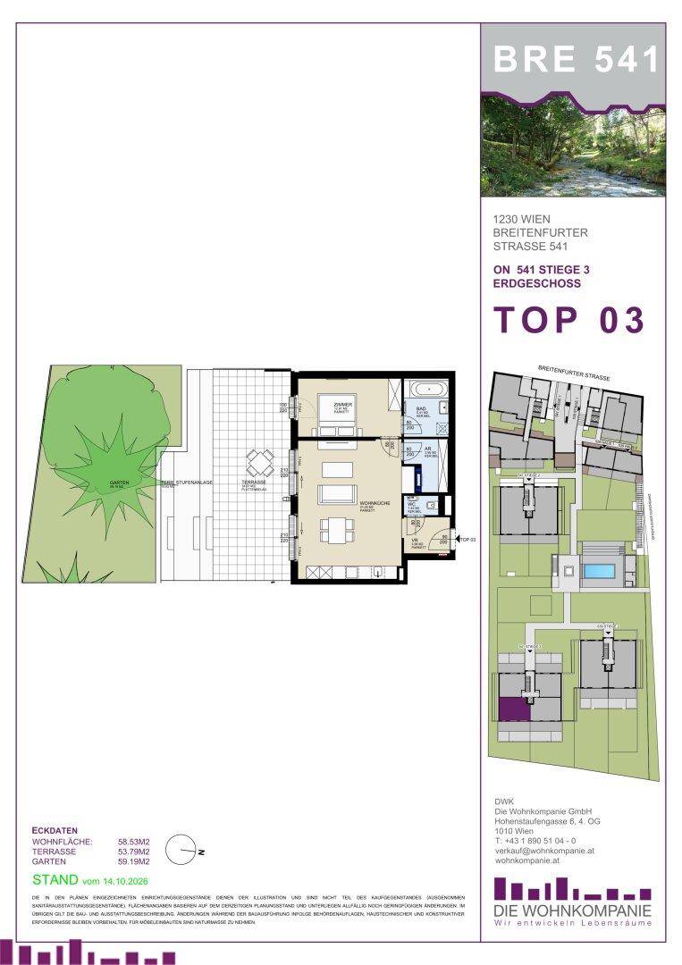 Grundriss der Erdgeschosswohnung Top 03 mit offenem Wohnbereich, Schlafzimmer, Bad, separatem WC, Terrasse und Garten.