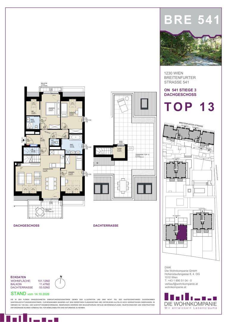 Grundrissplan zeigt ein Dachgeschoss-Apartment mit offenem Wohnbereich, mehreren Schlafzimmern, Balkon und einer großen Dachterrasse.