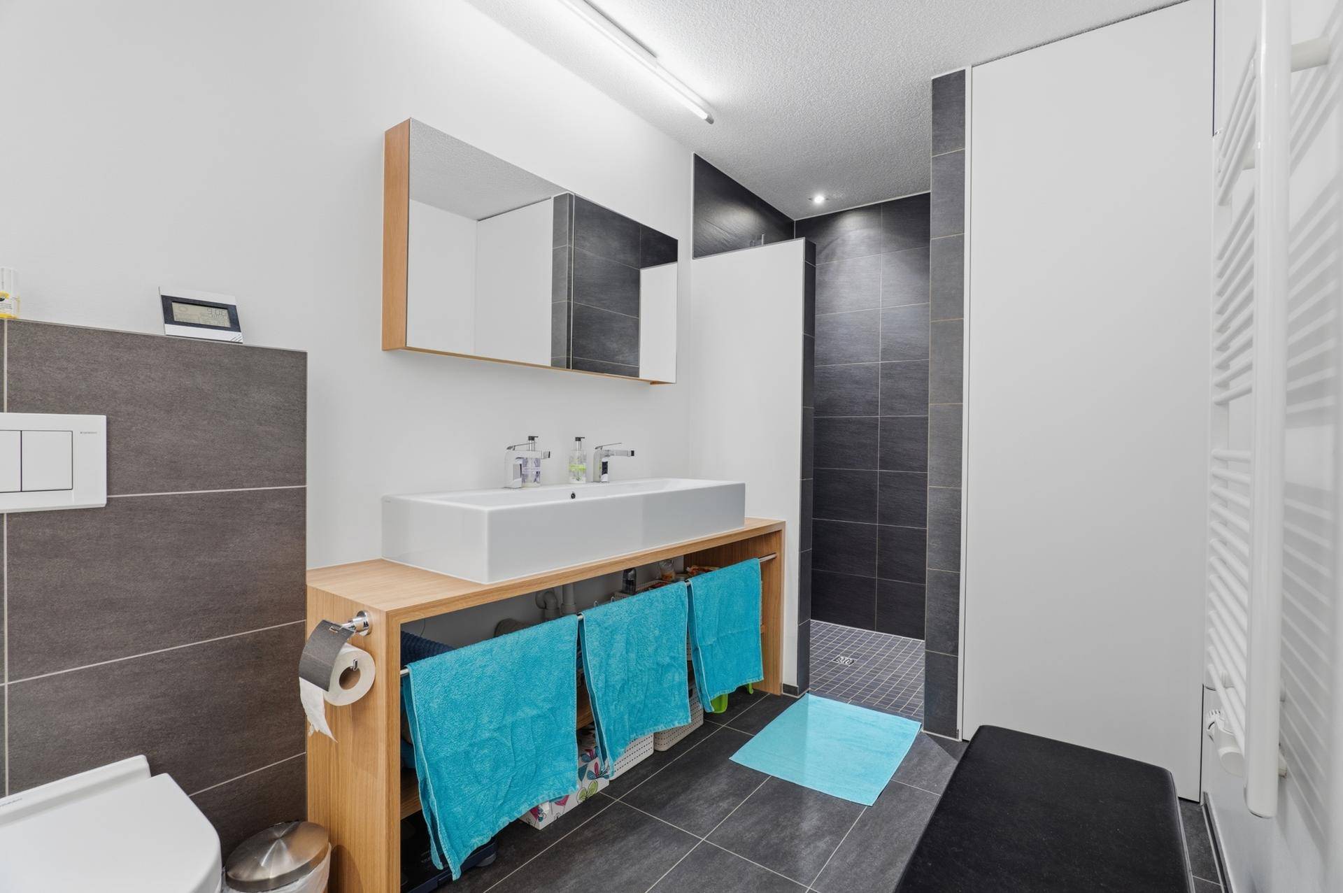 Modernes Badezimmer mit dunklen Fliesen, großem Waschbecken und begehbarer Dusche.