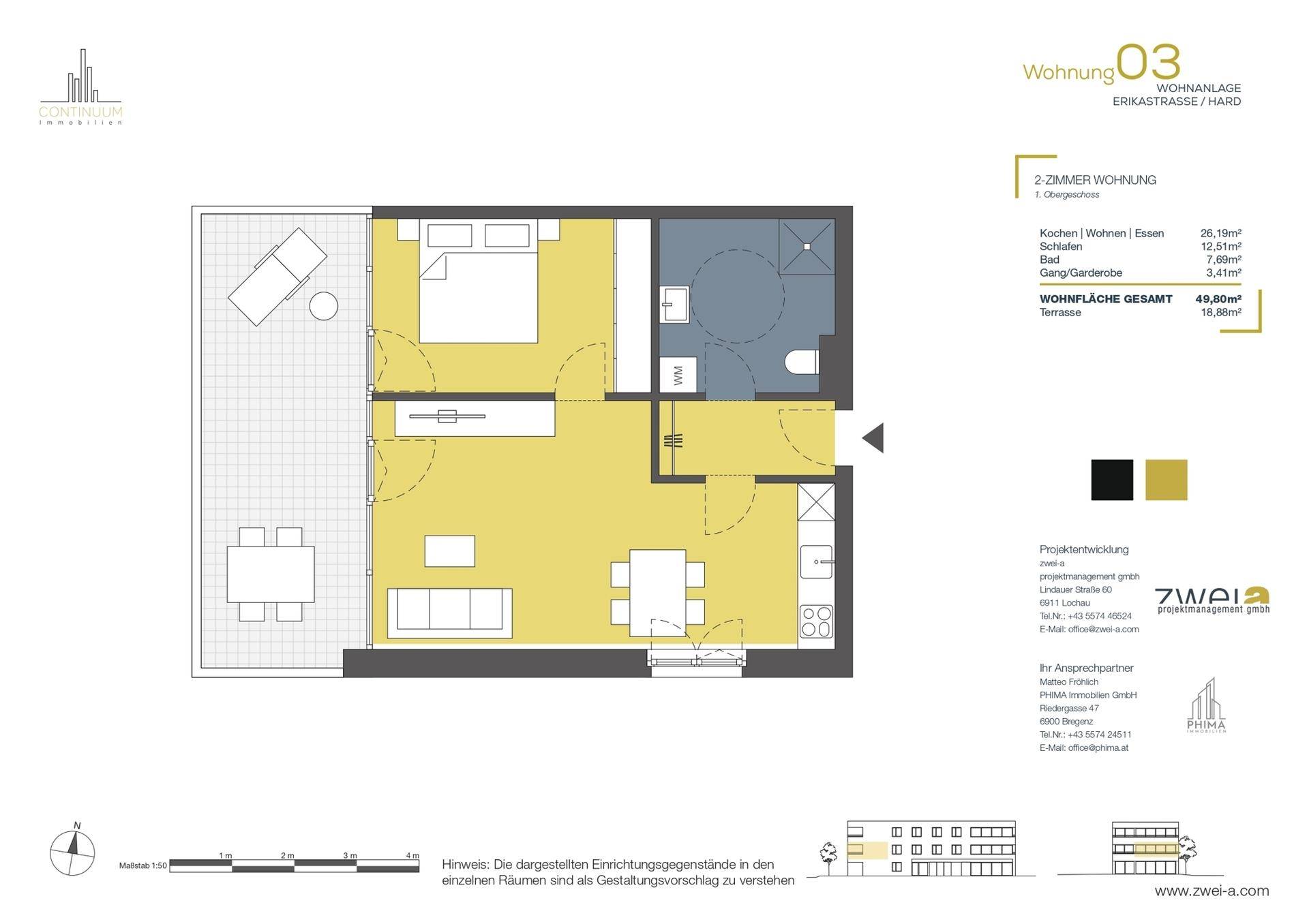 Detaillierter Grundriss der Wohnung 03 mit offener Küche, Schlafzimmer und großer Terrasse.