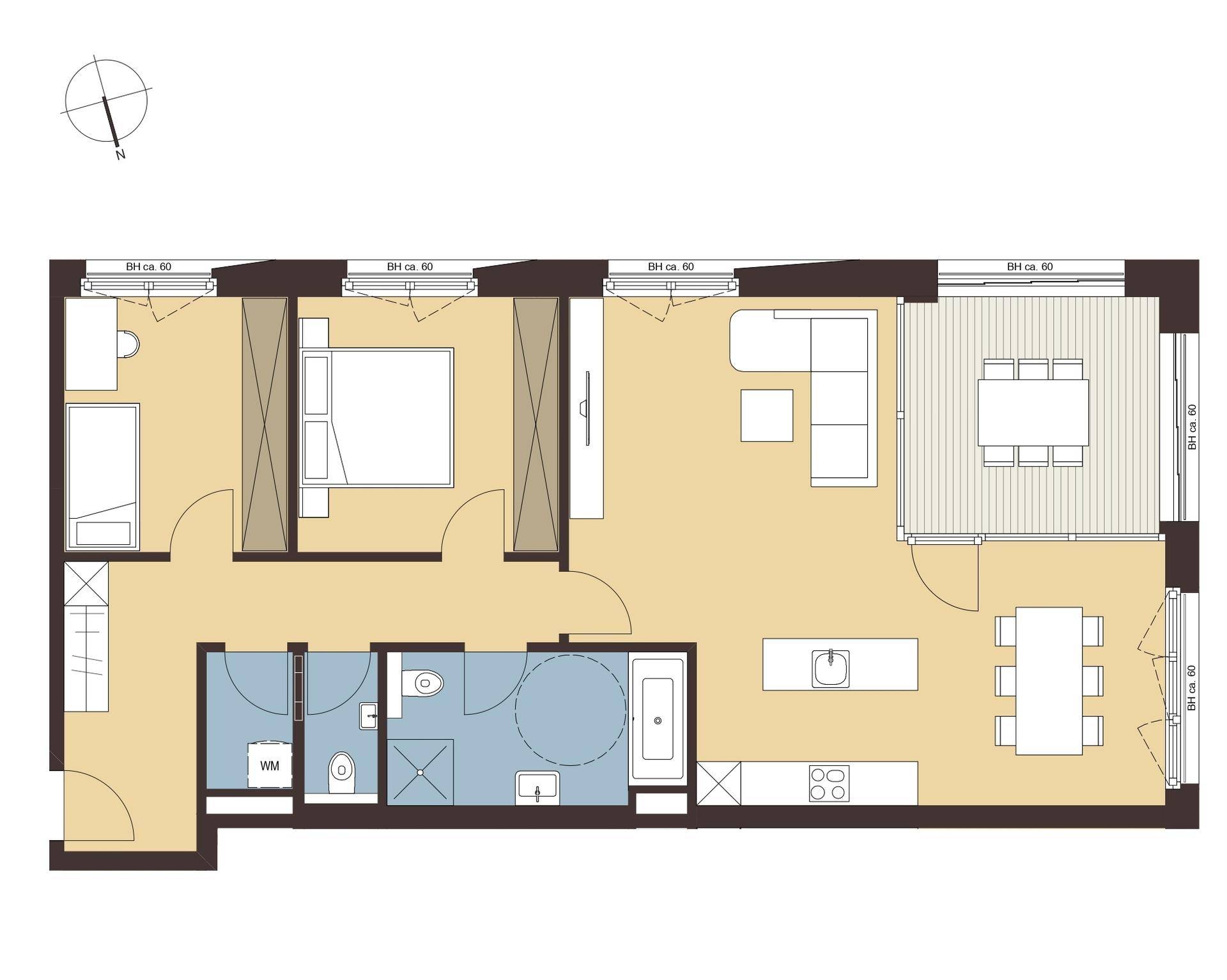Detaillierter Grundriss der Wohnung mit Schlafzimmern, Bädern und offenem Wohnbereich.