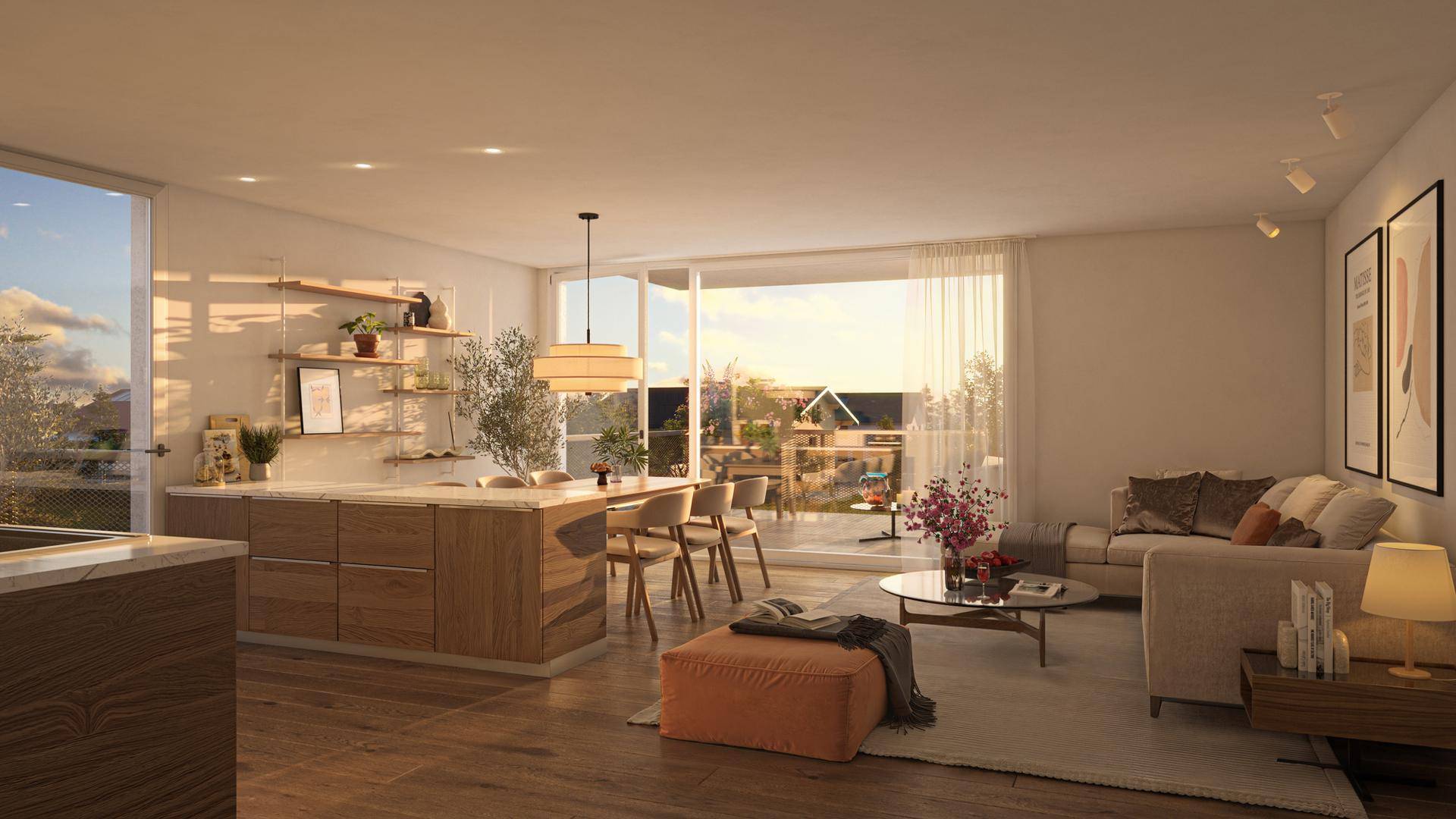 Heller, offener Wohn-Essbereich mit Holzelementen, integrierter Küche und Zugang zu einem sonnigen Balkon.