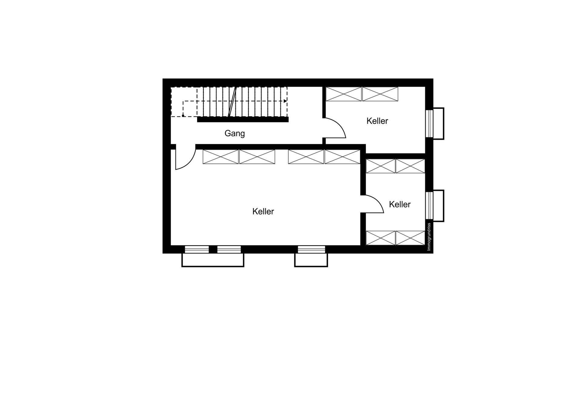 Grundriss des Kellers mit mehreren Kellerräumen und Zugang über eine Treppe.