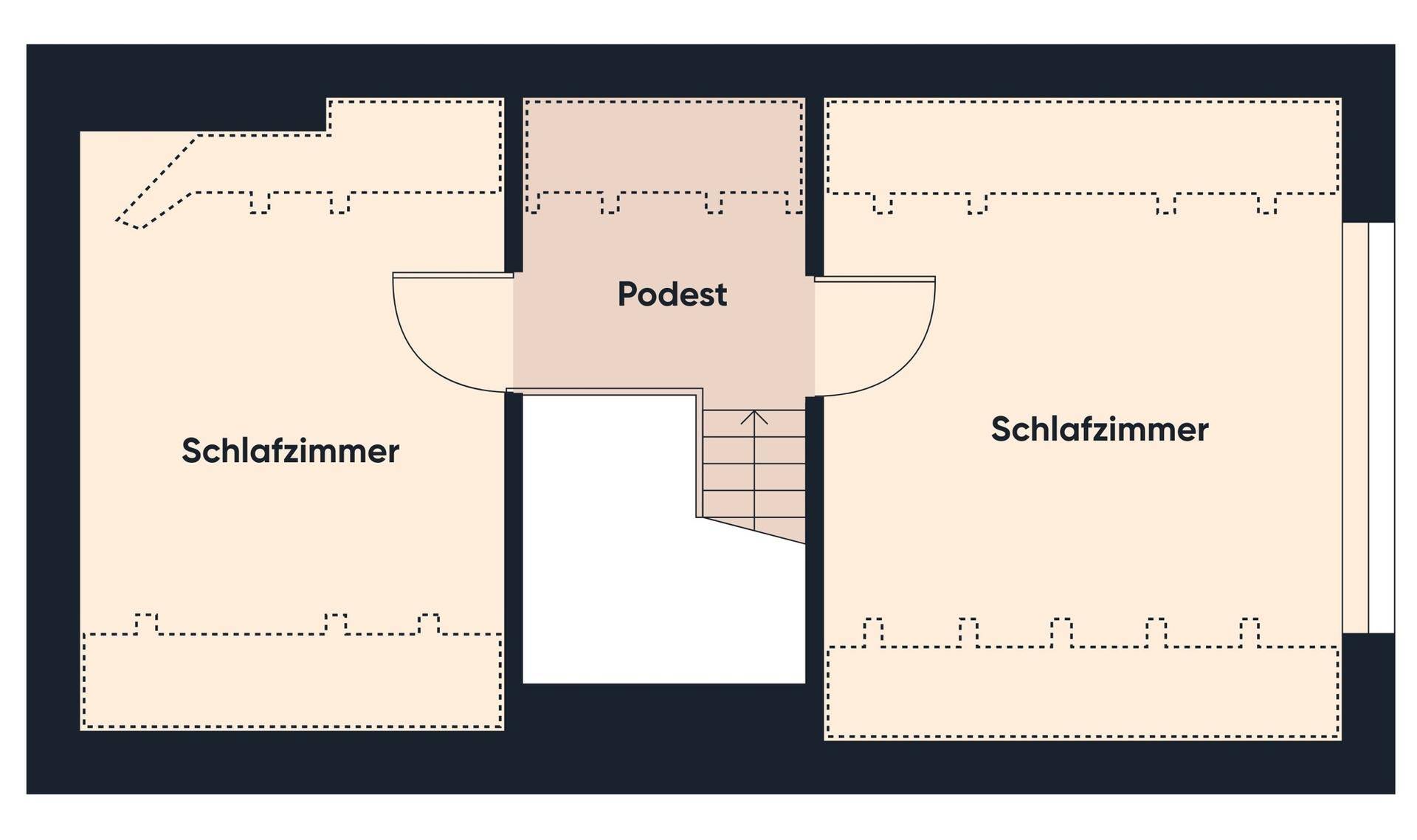 Grundriss des oberen Geschosses mit zwei Schlafzimmern und Dachschrägen.