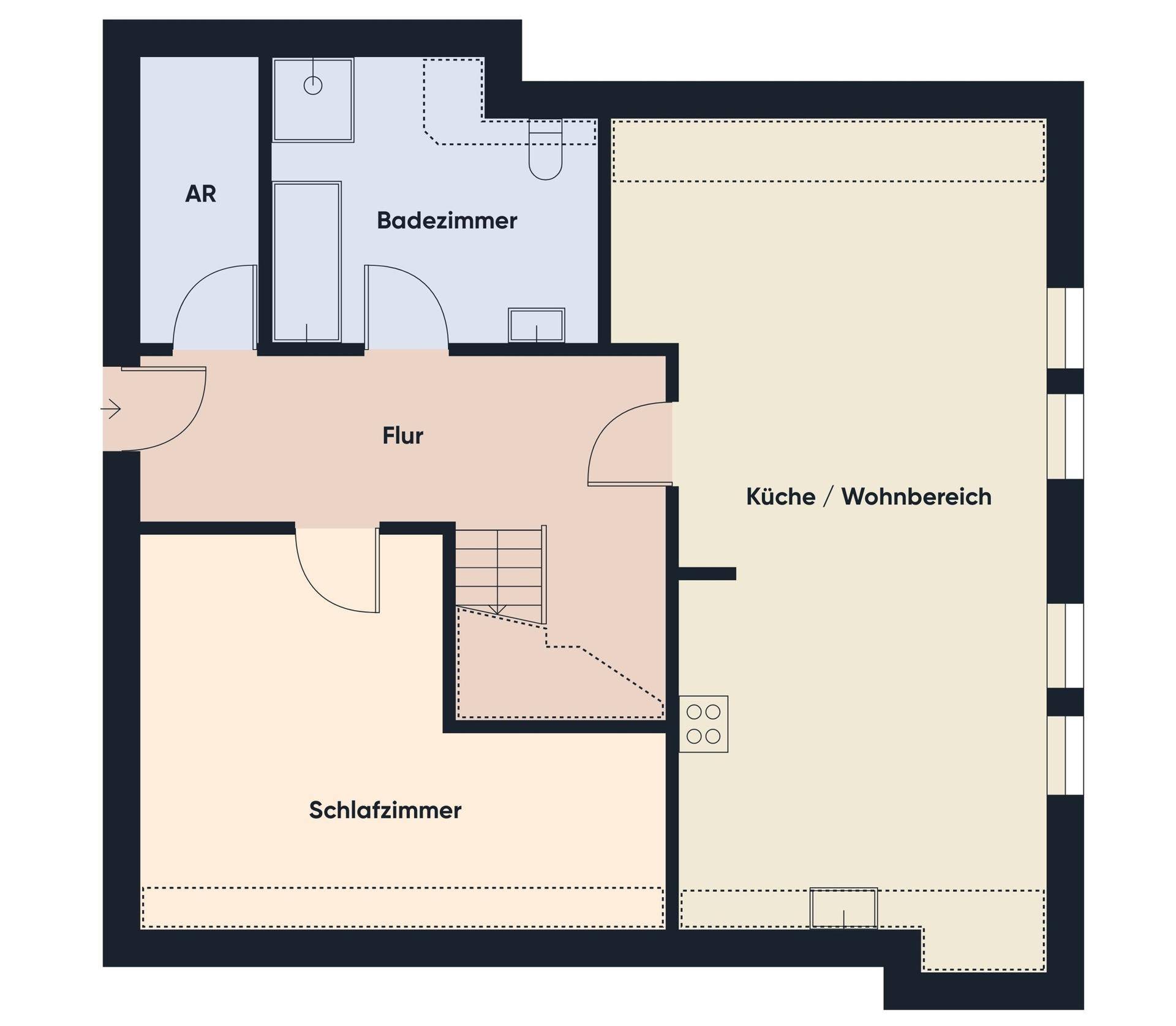 Grundriss des unteren Geschosses mit Küche, Wohnbereich, Schlafzimmer und Bad.