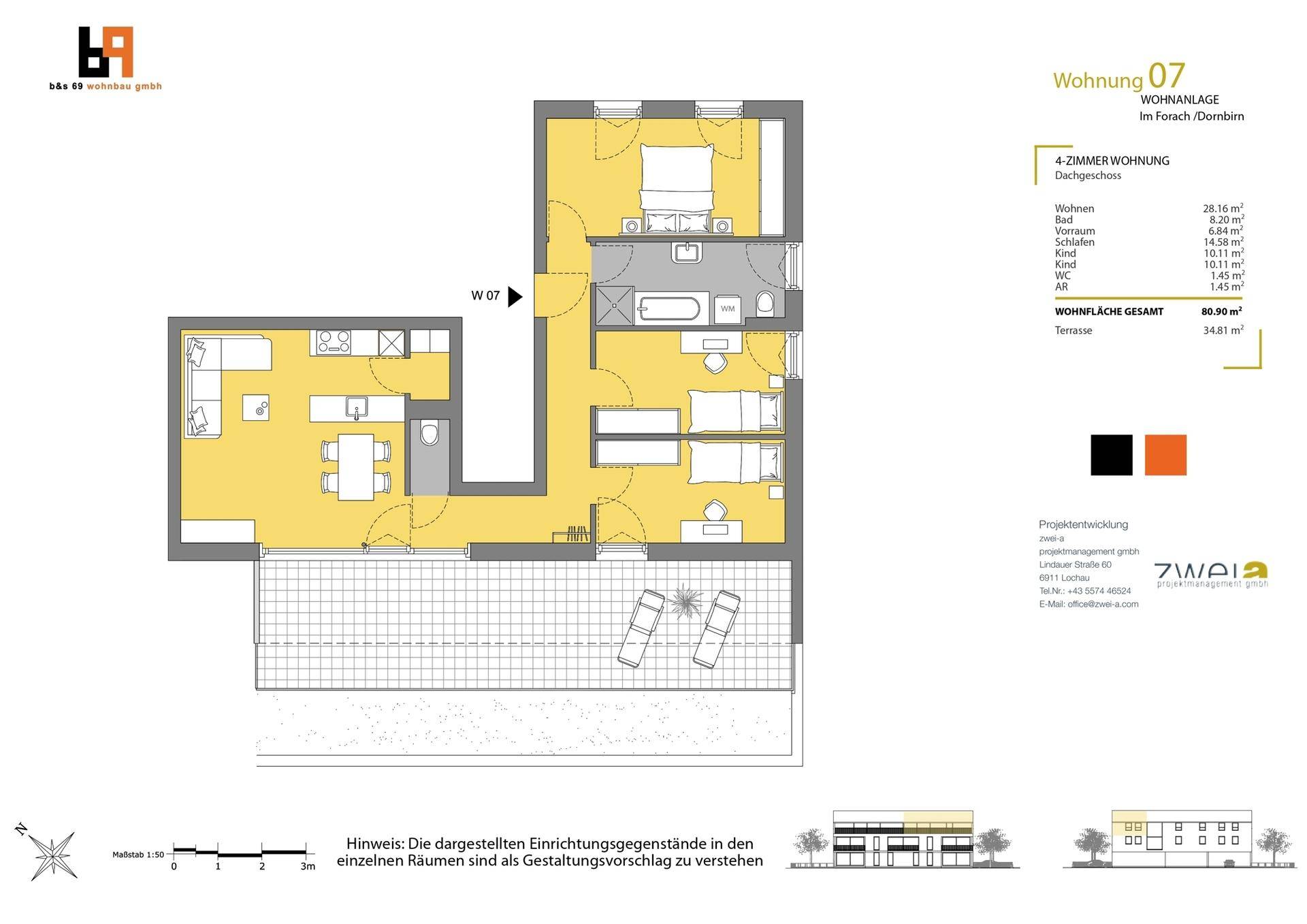Detaillierter Grundriss der Wohnung 07 mit drei Schlafzimmern und großer Terrasse.