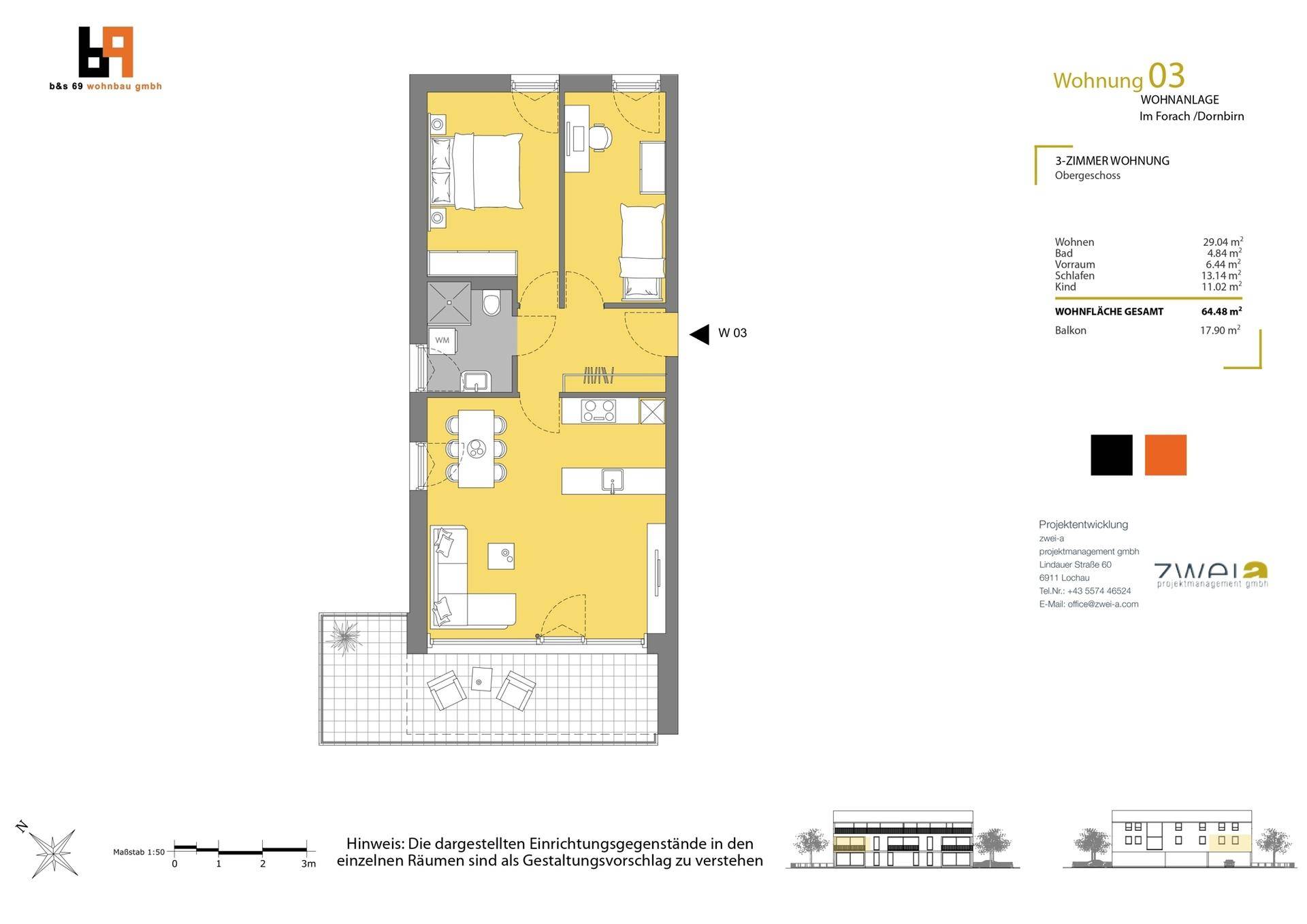 Grundriss der Wohnung 03 mit drei Zimmern, offenem Wohnbereich und Balkon.