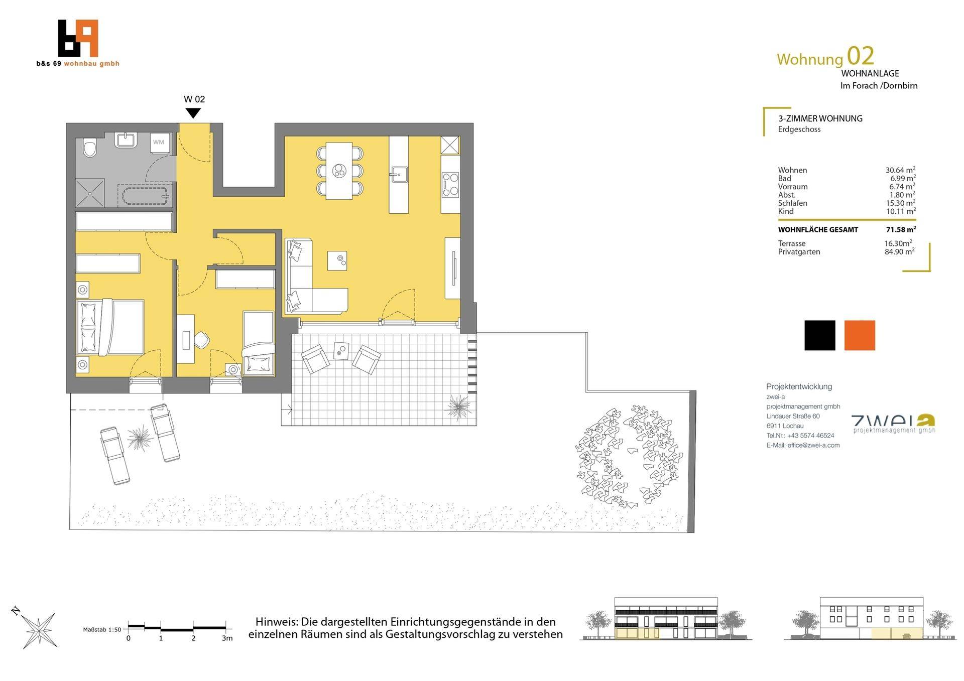 Grundriss einer 3-Zimmer-Wohnung im Erdgeschoss mit Terrasse und Gartenbereich.