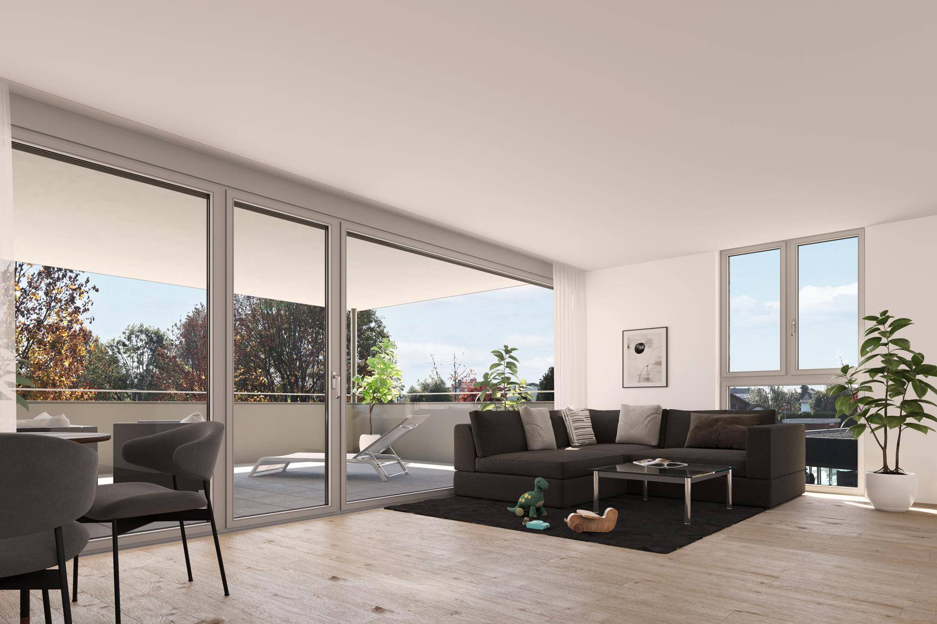 Helles Wohnzimmer mit großen Fenstern, Holzboden und Zugang zu einer geräumigen Terrasse.