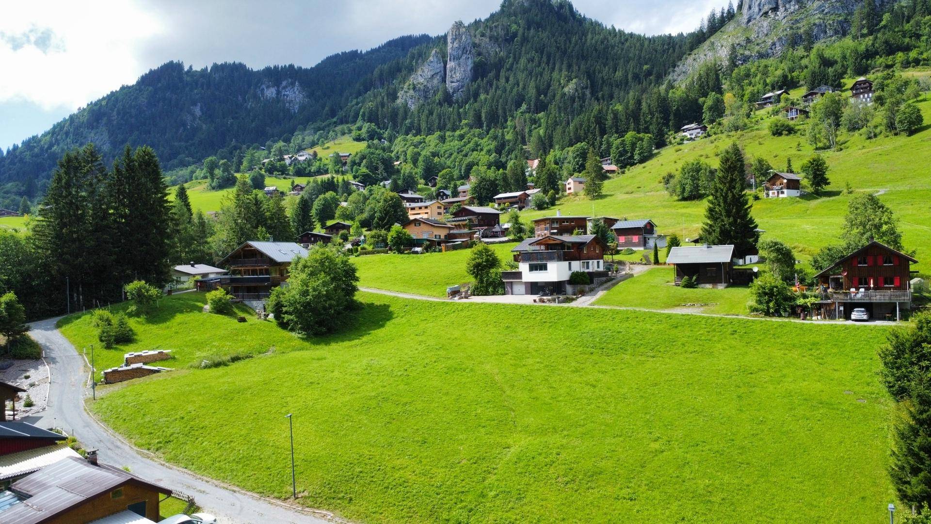 Weitläufige grüne Hügellandschaft mit verstreuten Häusern und majestätischen Bergen im Hintergrund.
