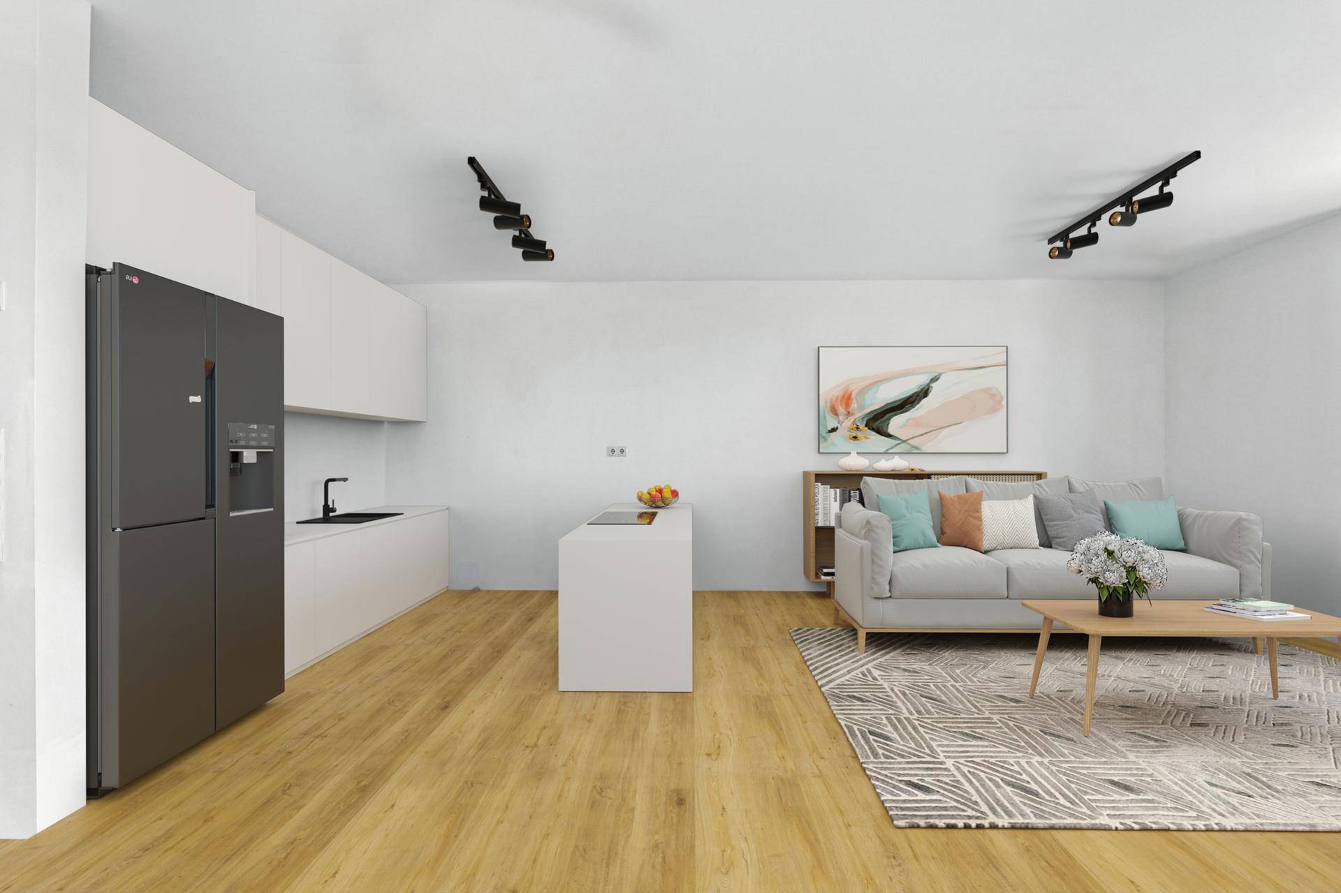 Moderner offener Wohnbereich mit integrierter Küche, Holzboden und großem Kühlschrank.
