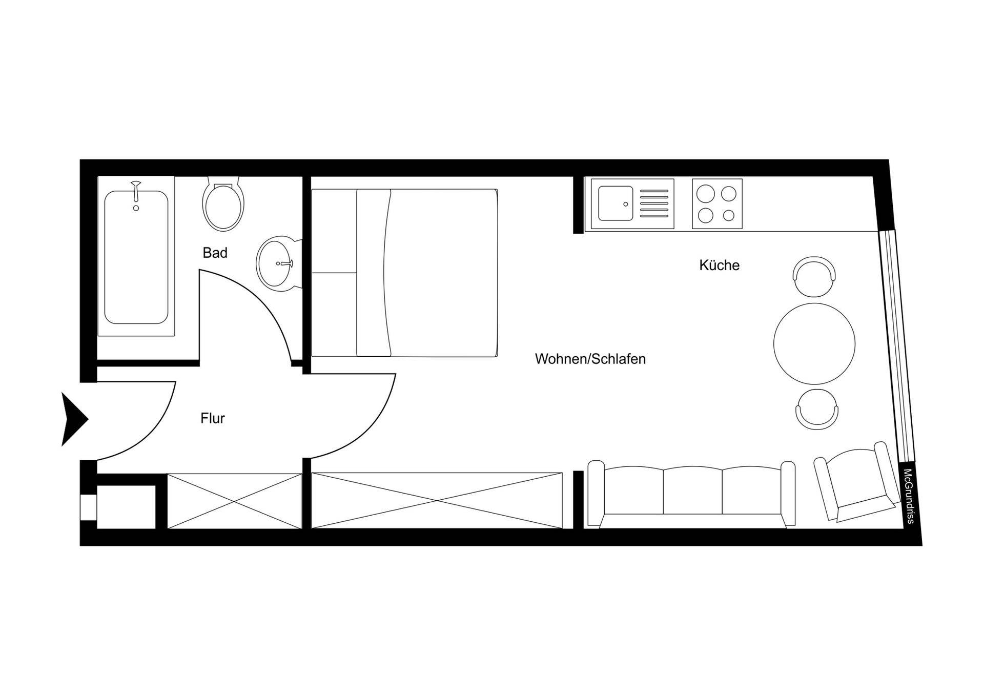Grundriss einer kompakten Wohnung mit offenem Wohn-/Schlafbereich, Küche und Bad.