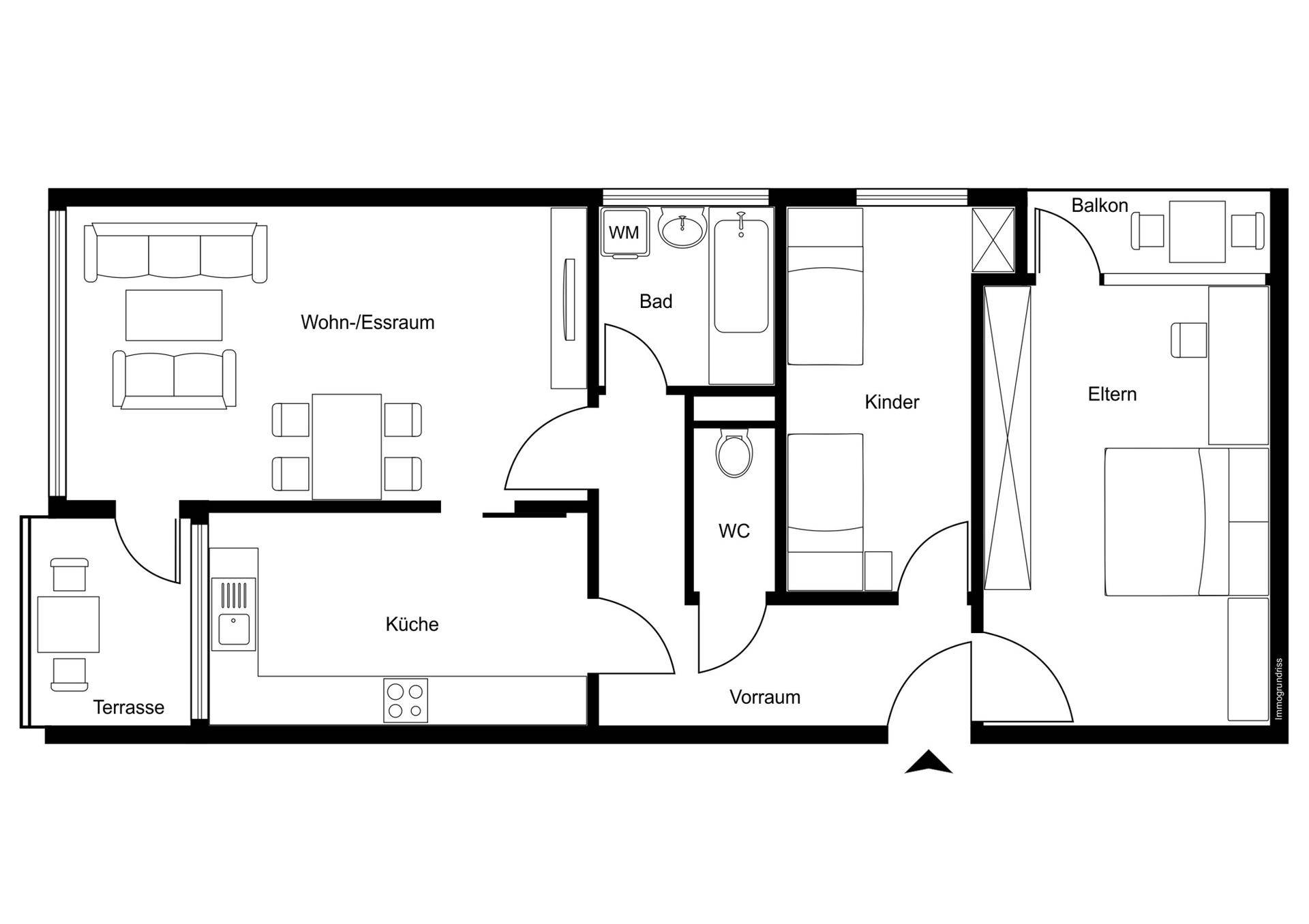 Grundriss einer Wohnung mit Wohn-Essraum, Küche, zwei Schlafzimmern, Bad und separatem WC.