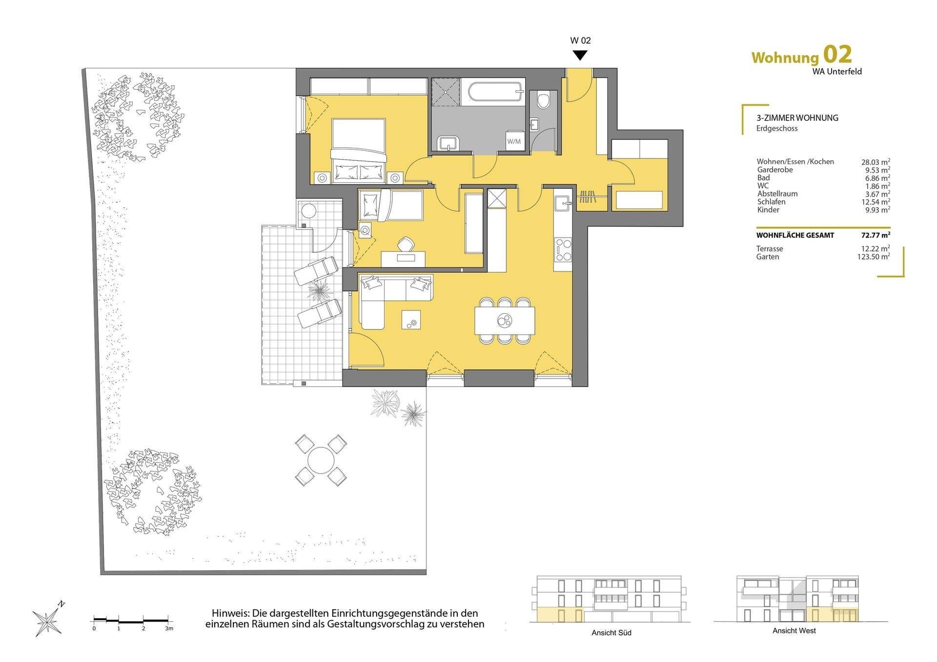 Grundriss der Erdgeschosswohnung 02 mit offenem Wohnbereich, Terrasse und großem Garten.
