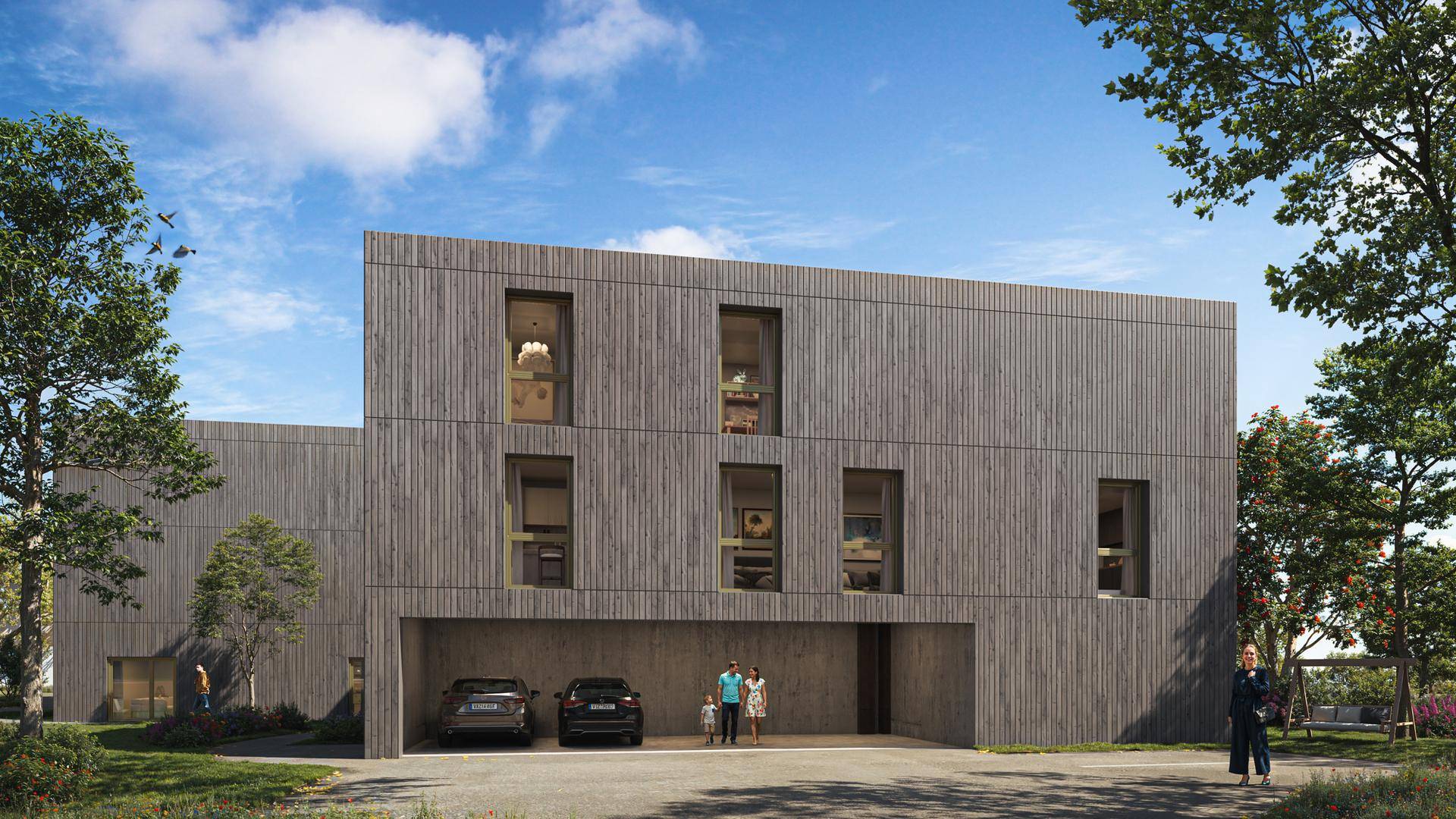 Moderne Gebäudefassade mit Holzverkleidung, großen Fenstern und überdachtem Eingangsbereich.