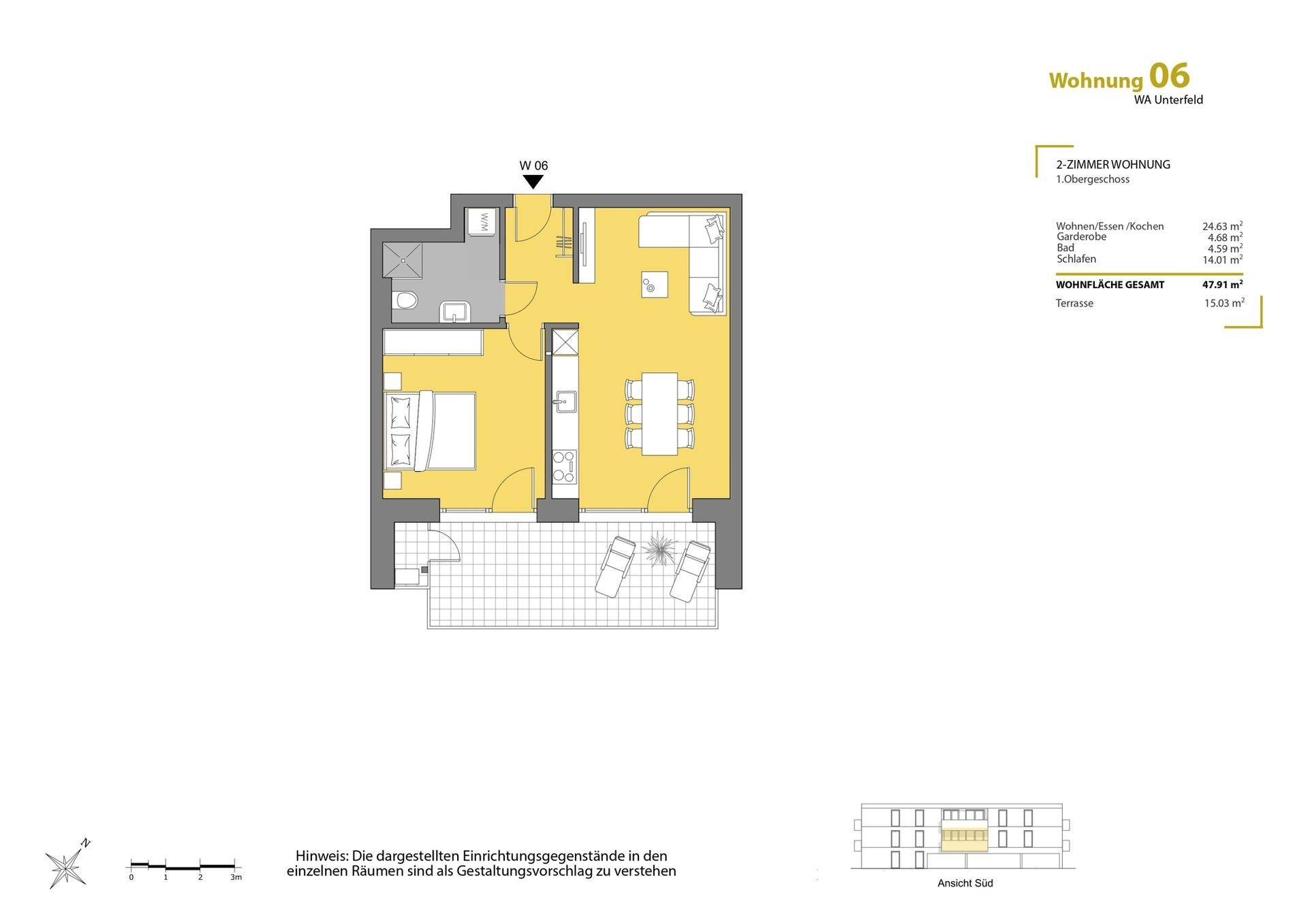 Grundriss der 2-Zimmer-Wohnung 06 im Obergeschoss mit Terrasse.