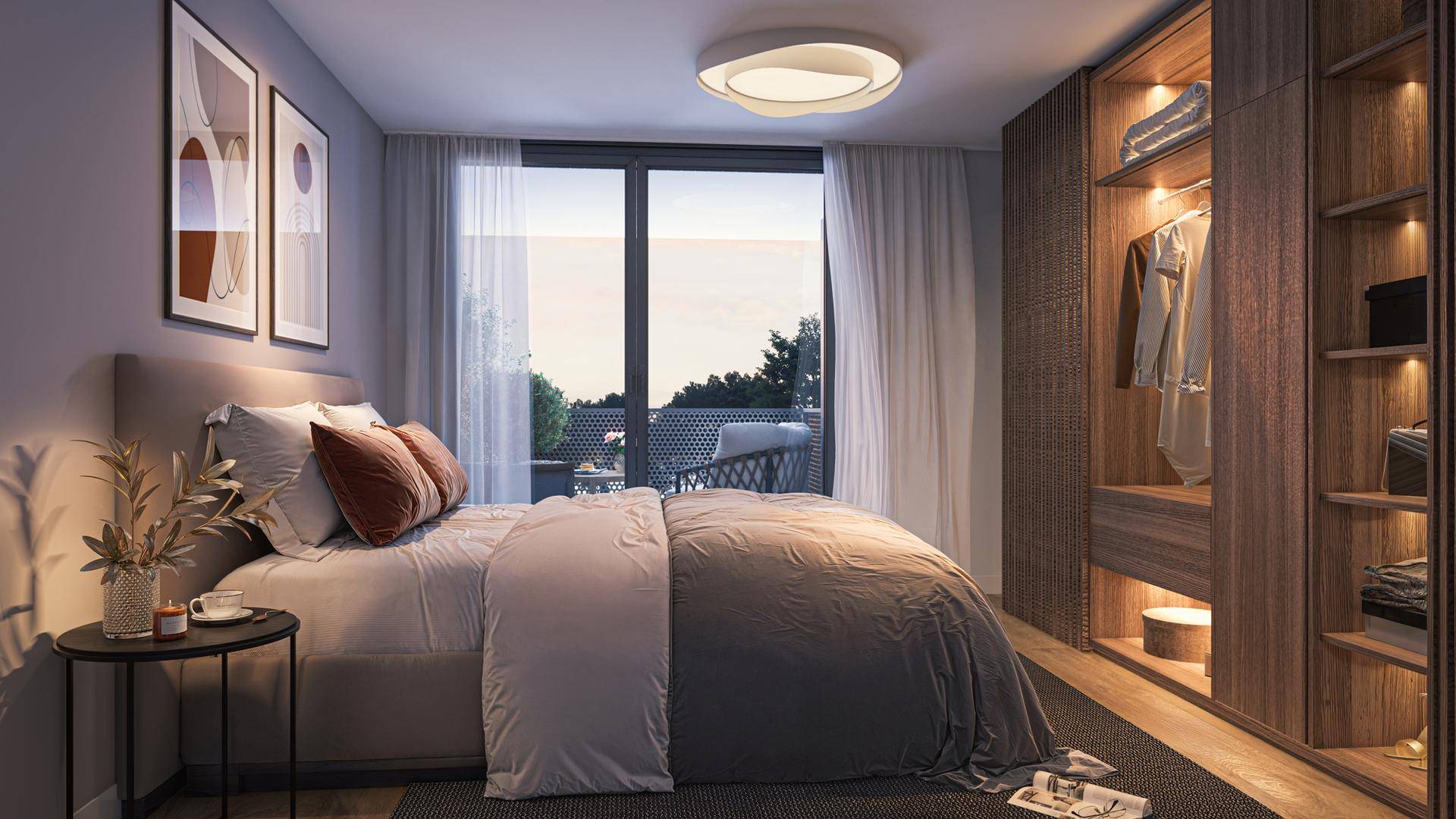 Modernes Schlafzimmer mit großem Fenster, Zugang zum Balkon und integriertem Kleiderschrank.