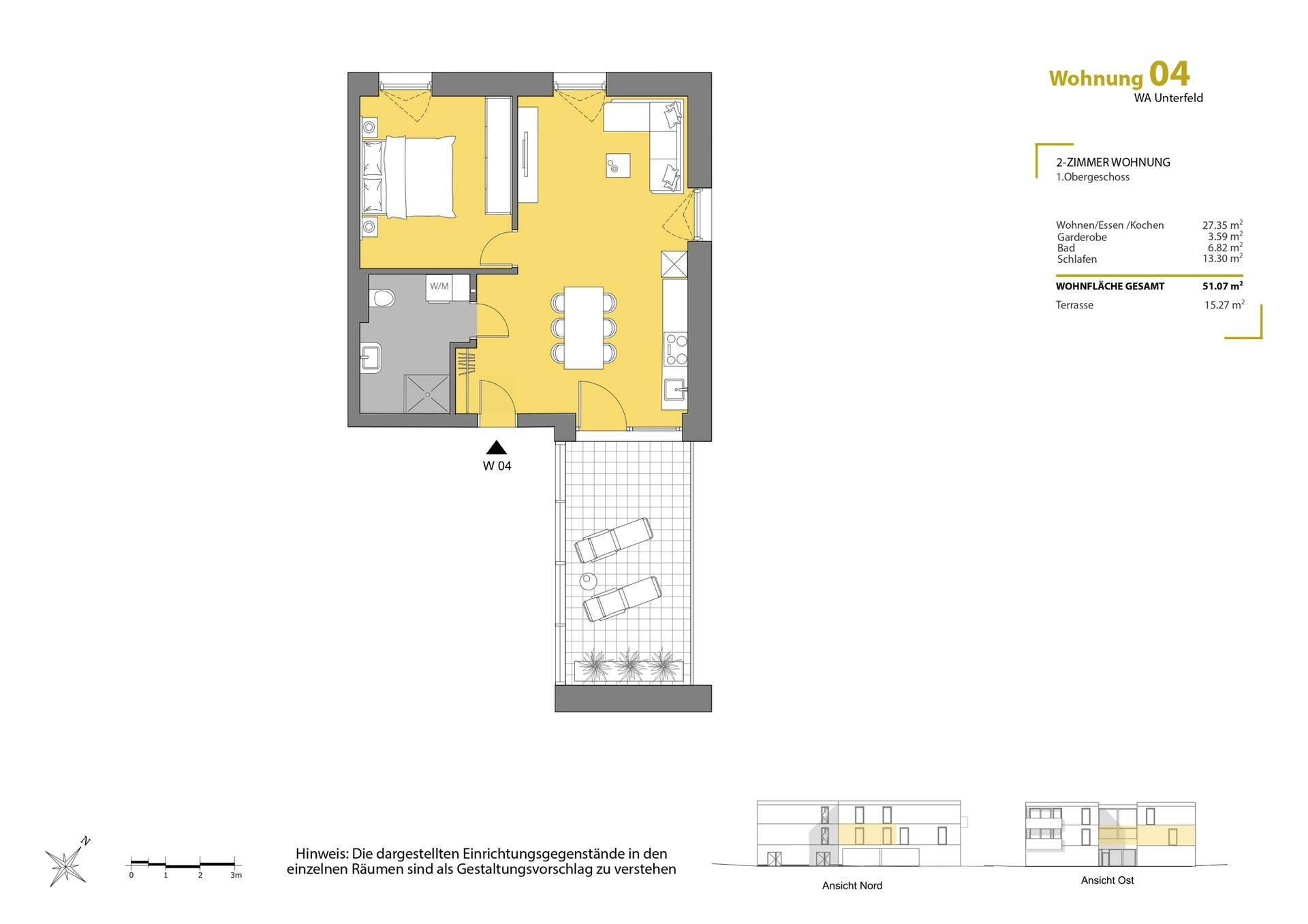 Grundriss der Wohnung 04 mit offenem Wohnbereich, Schlafzimmer und großer Terrasse.