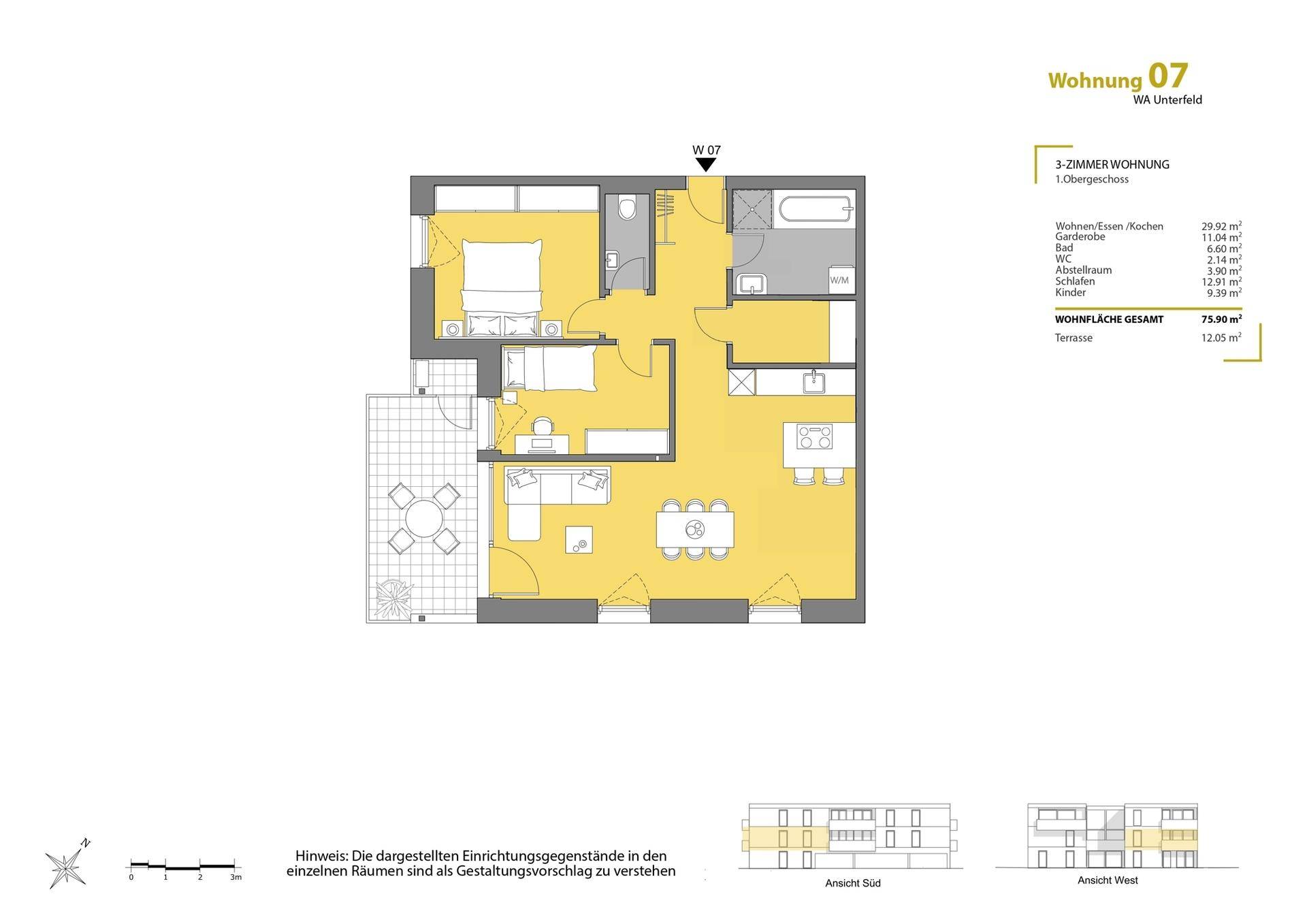 Grundriss der Wohnung 07 mit offenem Wohnbereich, zwei Schlafzimmern und Terrasse.