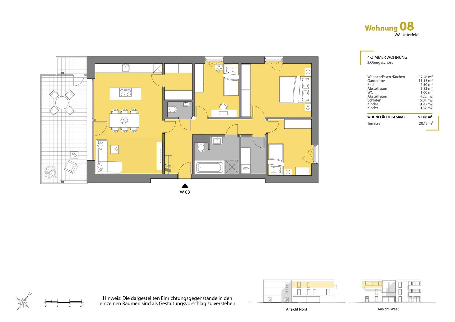 Grundriss einer 4-Zimmer-Wohnung im Obergeschoss mit großer Terrasse und offener Küche.