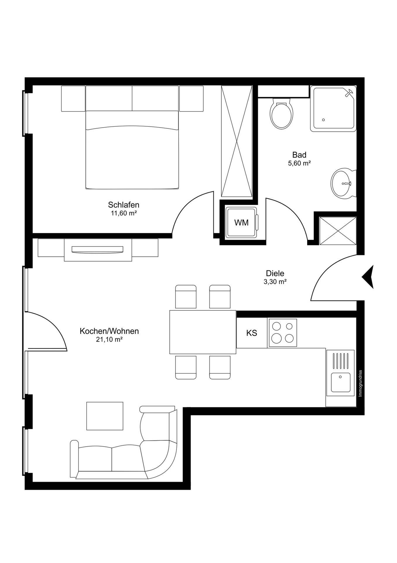 Grundriss einer Wohnung mit Schlafzimmer, Bad und offenem Wohn-/Kochbereich.