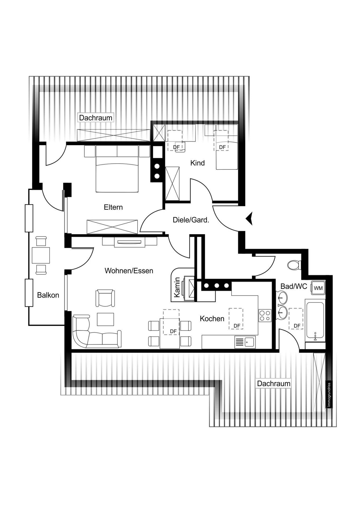 Grundriss der Wohnung zeigt Wohn-Essbereich, Küche, Schlafzimmer, Bad und Balkon.