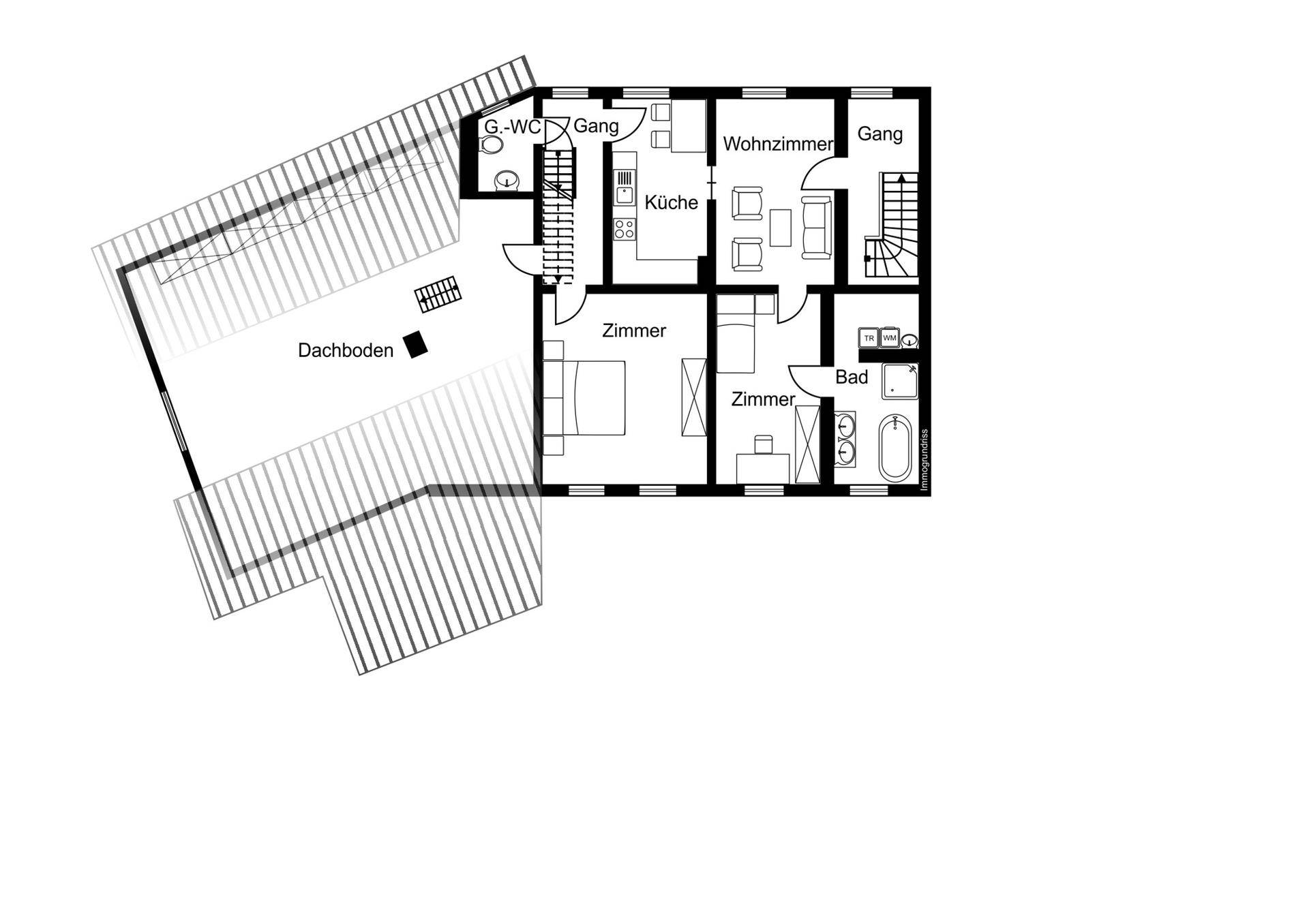 Grundriss des Obergeschosses mit Wohnzimmer, Küche, Bad, Zimmern und Dachboden.