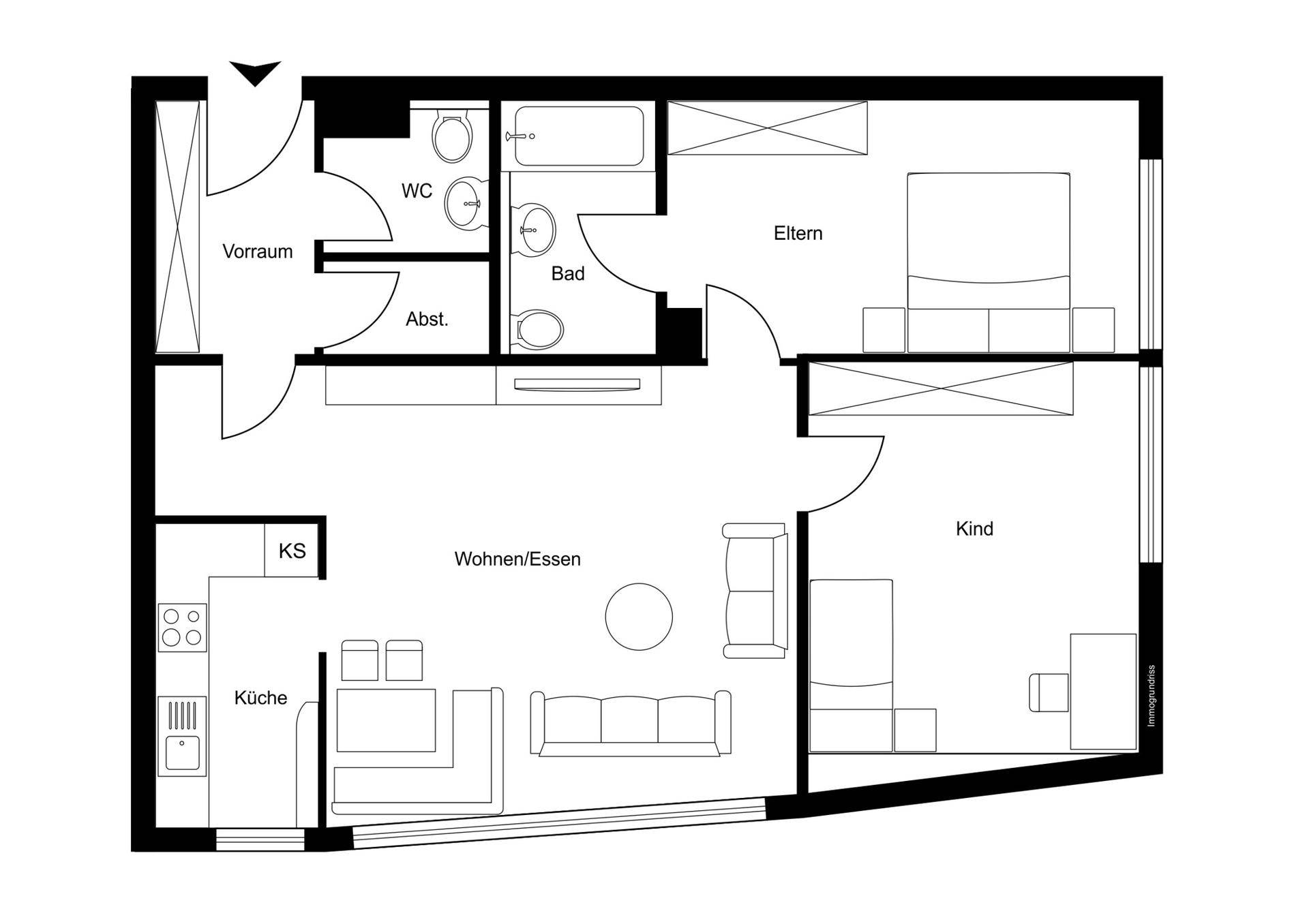 Grundriss der Wohnung mit Wohn-Essbereich, Küche, Schlafzimmern und Bädern.
