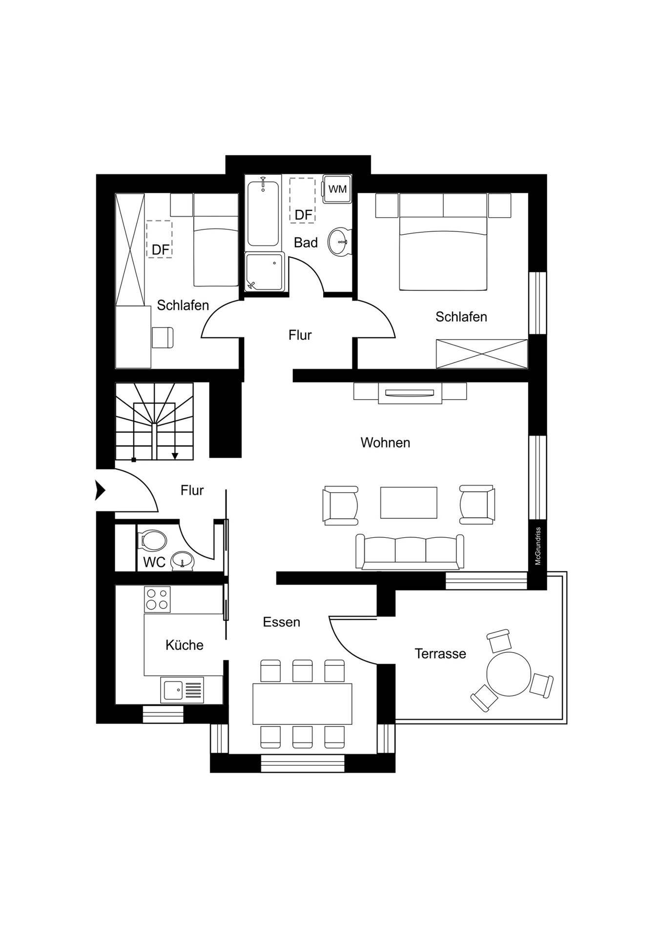 Grundriss des Erdgeschosses mit Küche, Essbereich, Wohnzimmer, Schlafzimmern und Terrasse.