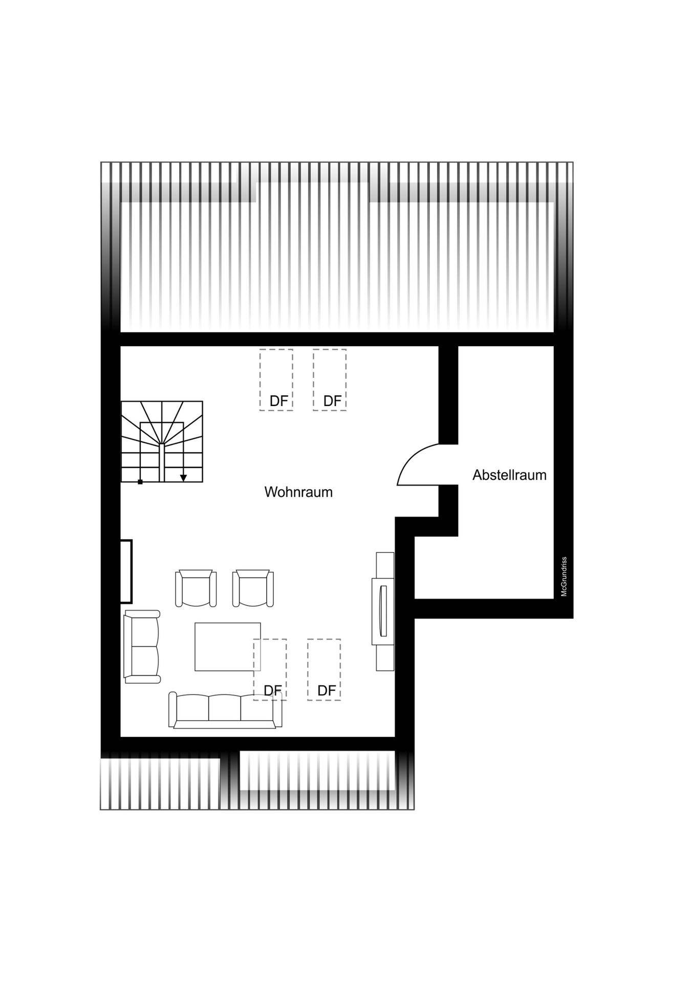 Grundriss des Obergeschosses mit Wohnraum, Abstellraum und Dachschrägen.