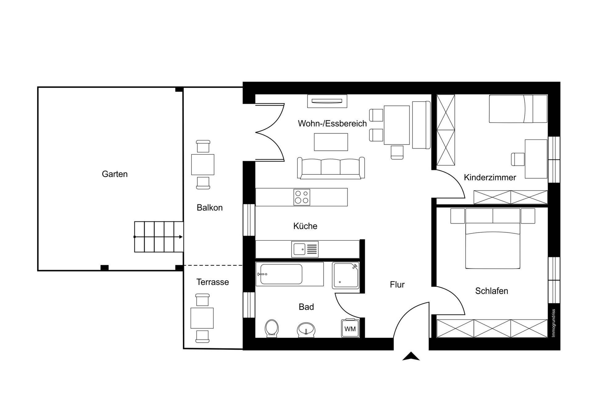 Grundrissplan einer Wohnung mit offenem Wohn-Essbereich, Balkon, Terrasse und Garten.