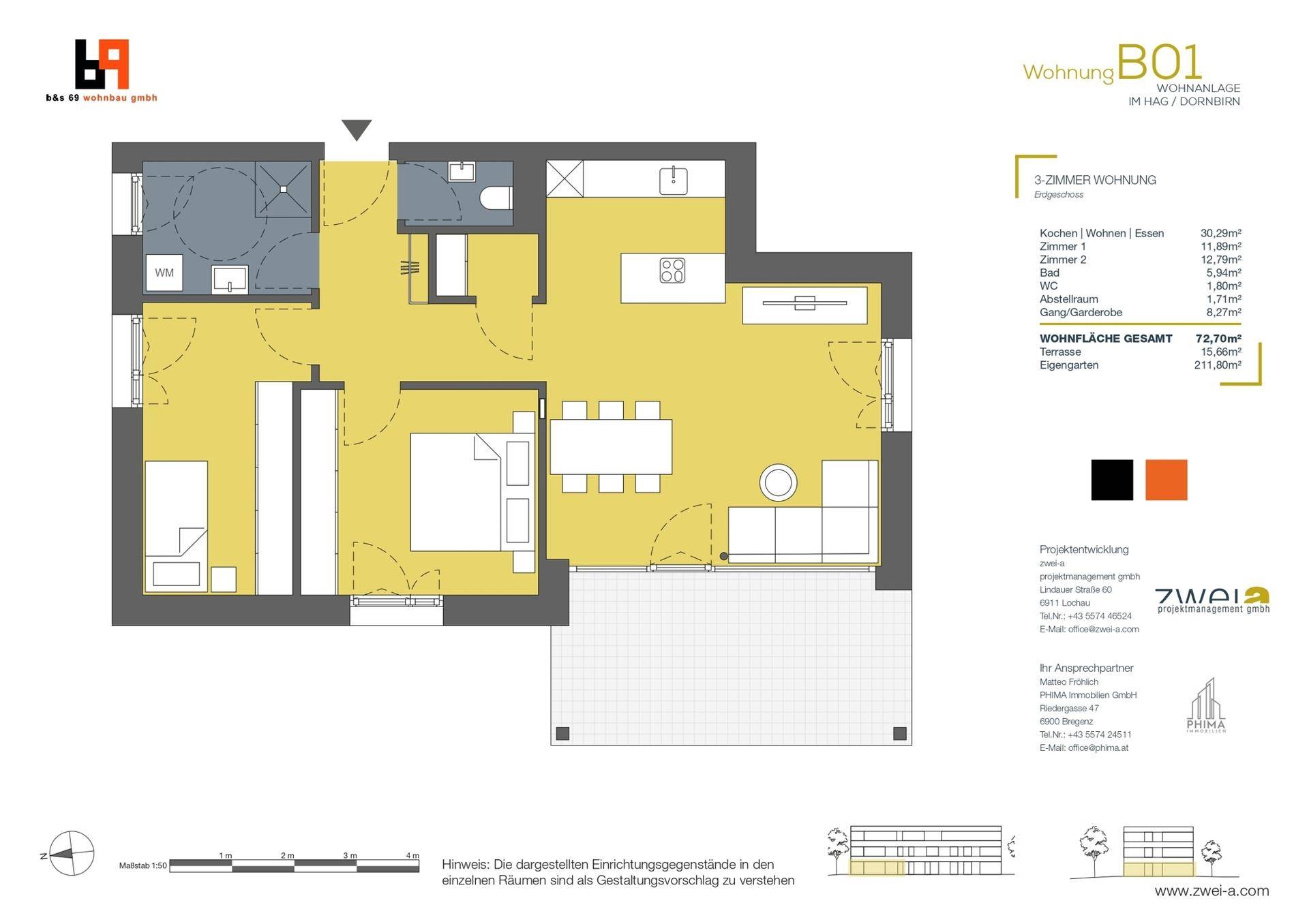 Detaillierter Grundriss einer 3-Zimmer-Wohnung mit offener Küche, Terrasse und Gartenanteil.