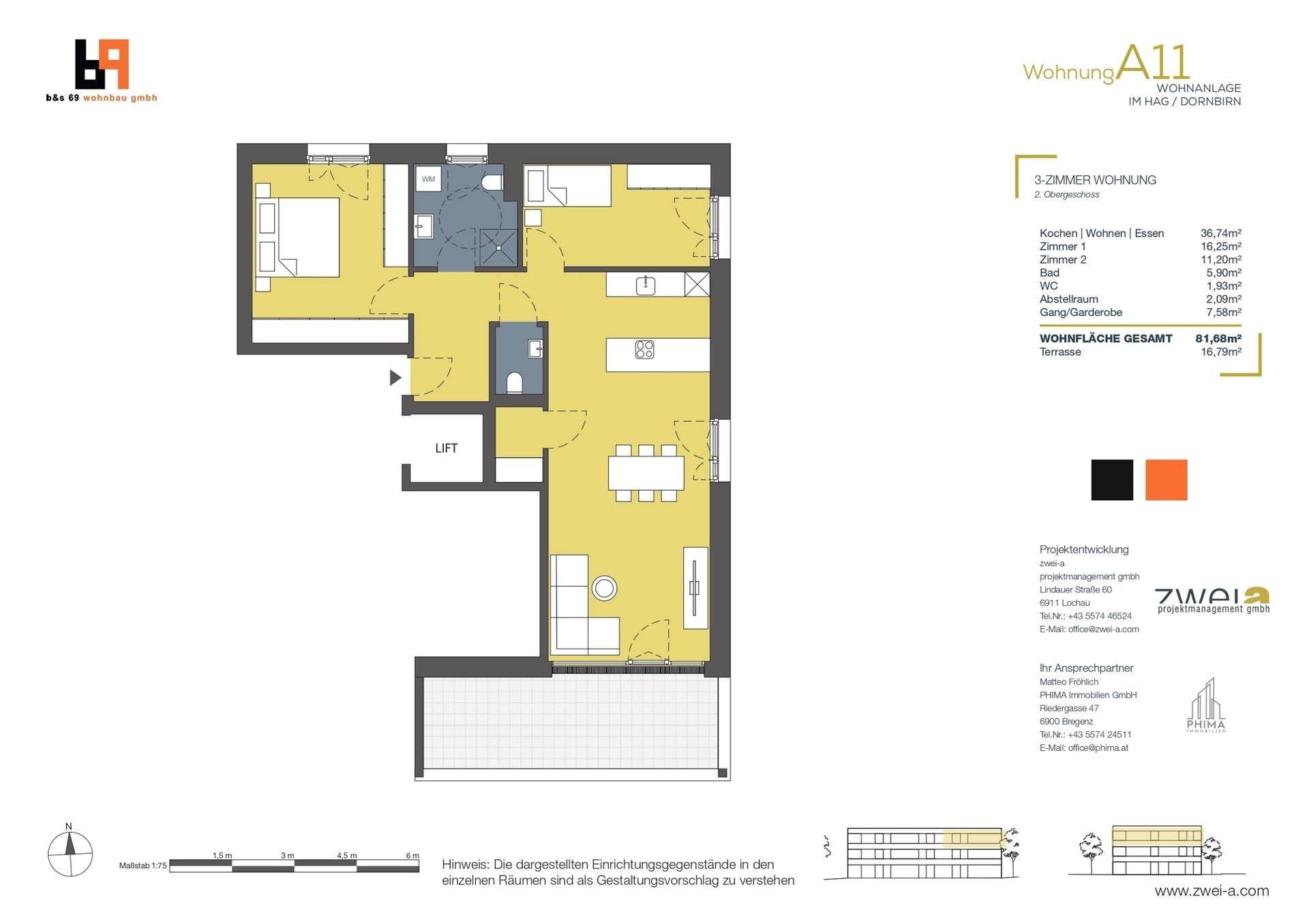 Detaillierter Grundriss einer 3-Zimmer-Wohnung mit offener Küche, Essbereich und großer Terrasse.