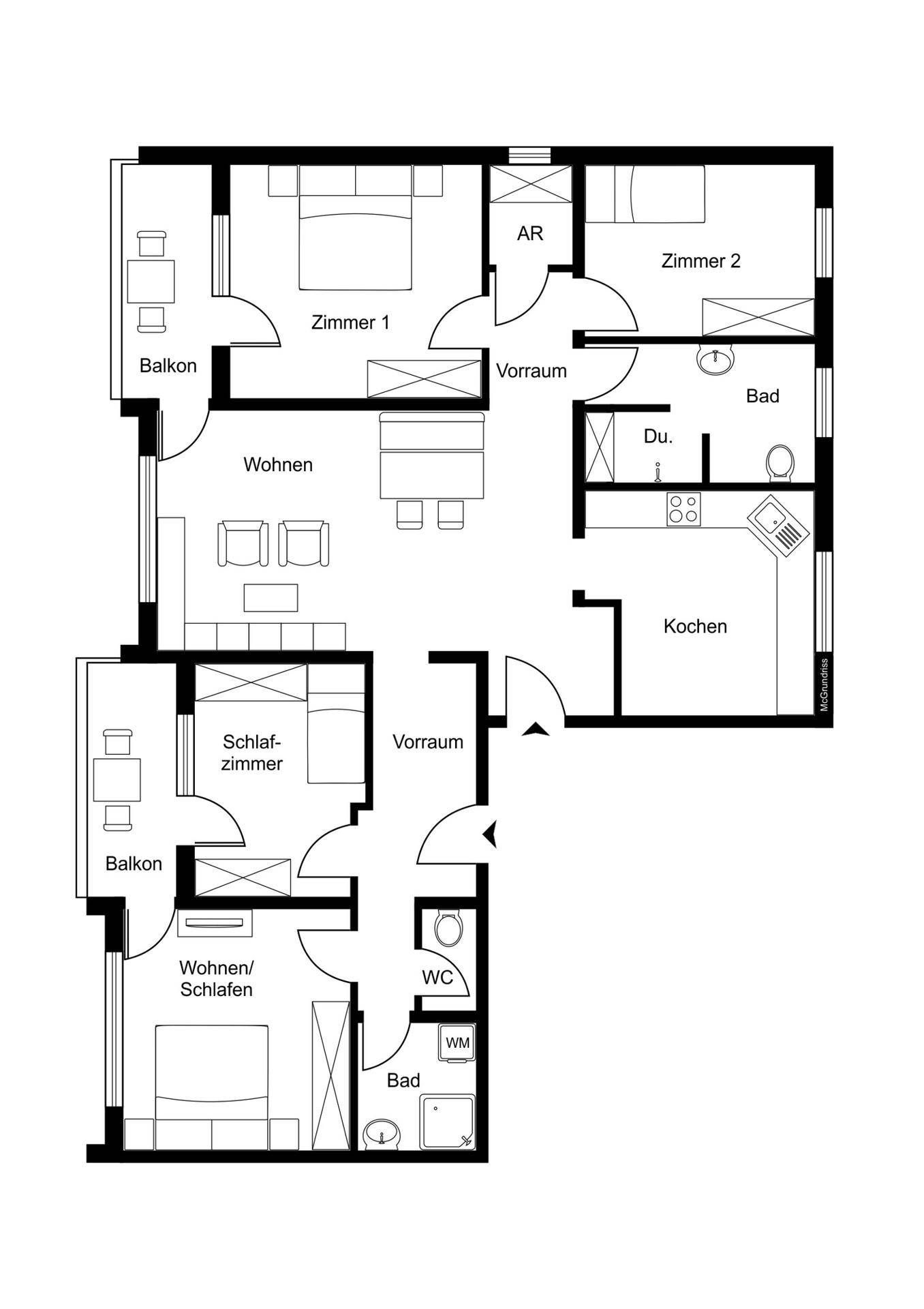 Grundrissplan einer Wohnung mit mehreren Zimmern, Bädern und Balkonen.