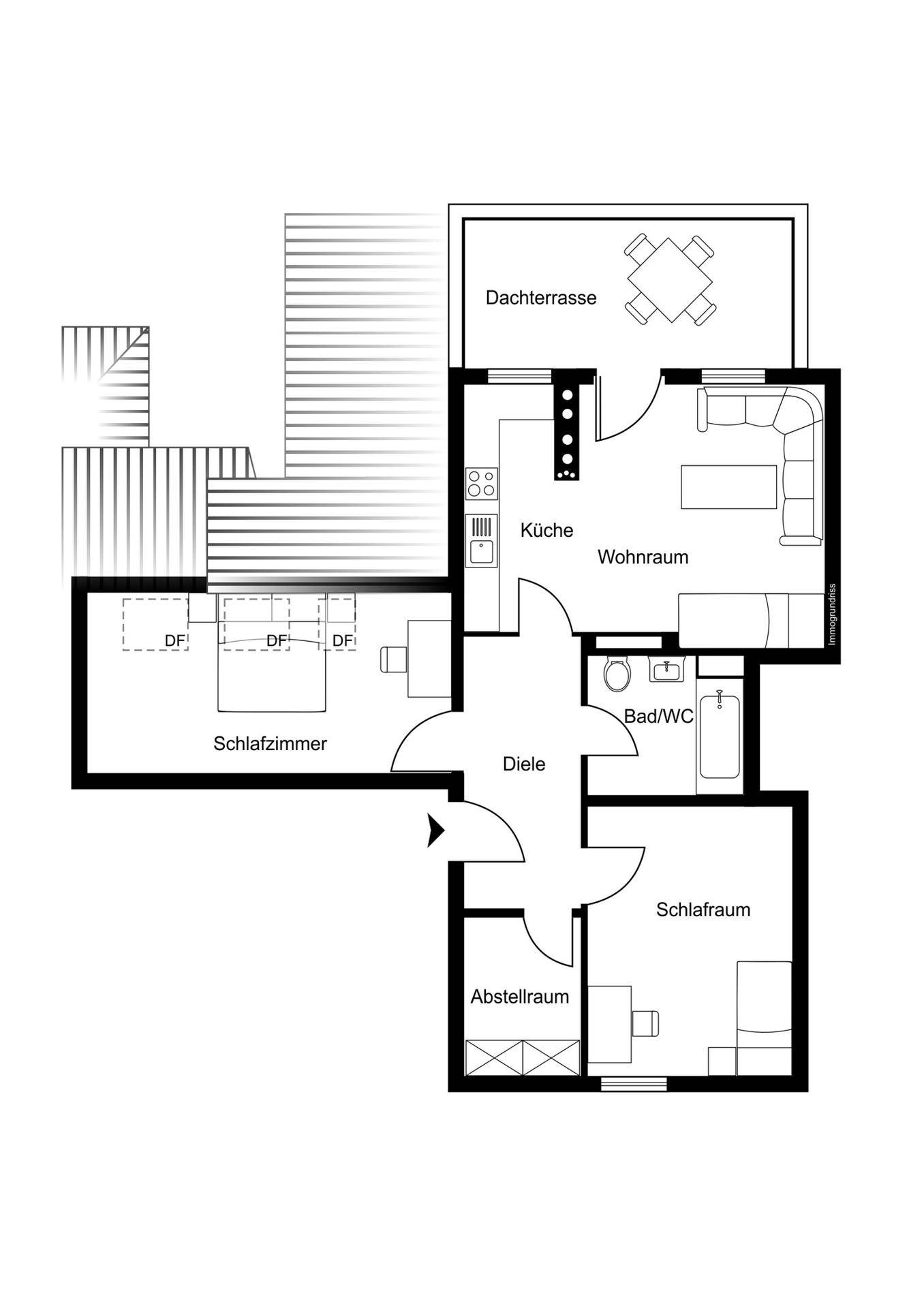 Grundrissplan einer Dachgeschosswohnung mit Dachterrasse, zwei Schlafzimmern und Abstellraum.