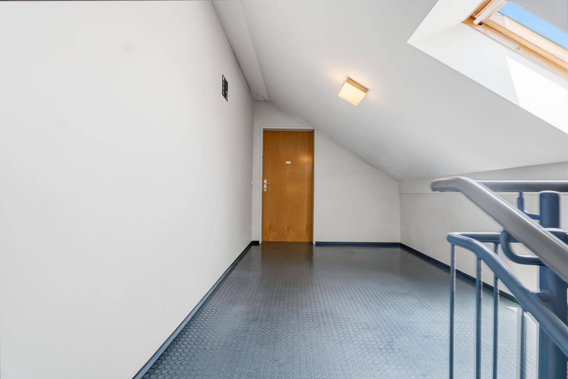 Treppenhausbereich mit Zugang zu einer Wohnung und Dachfenster.