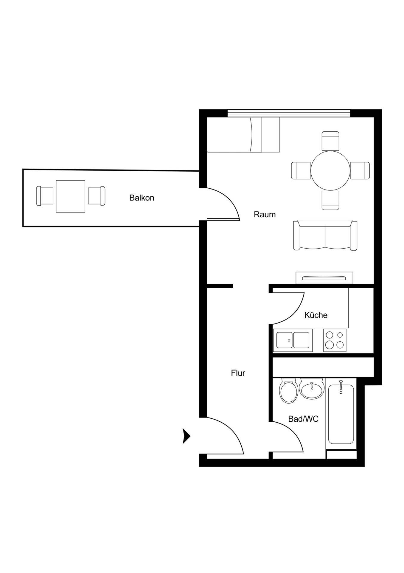 Grundriss der Wohnung mit einem Raum, Küche, Bad/WC und Balkon.