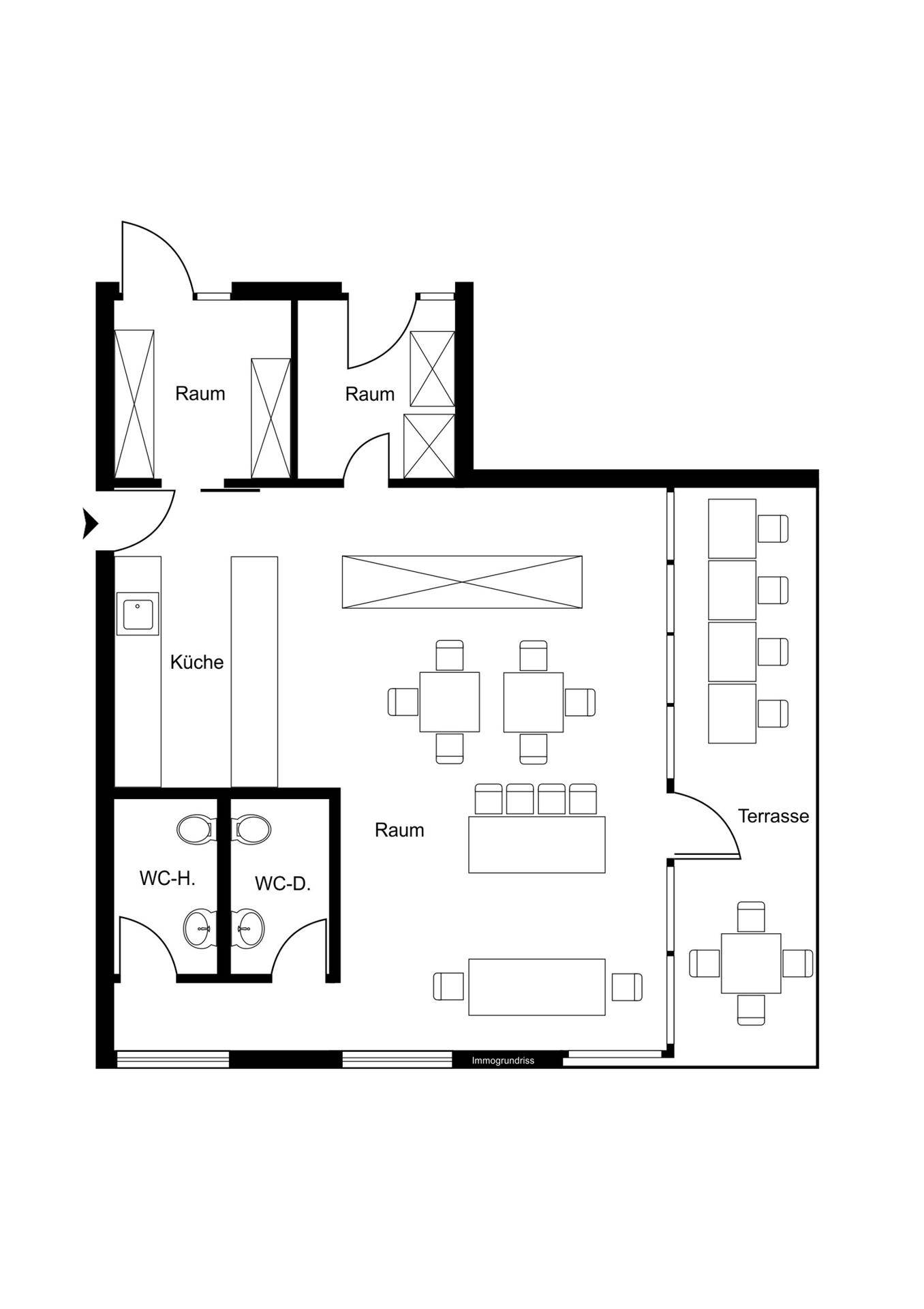 Grundrissplan zeigt die Aufteilung des Gastraums mit Küche, Toiletten und Terrasse.
