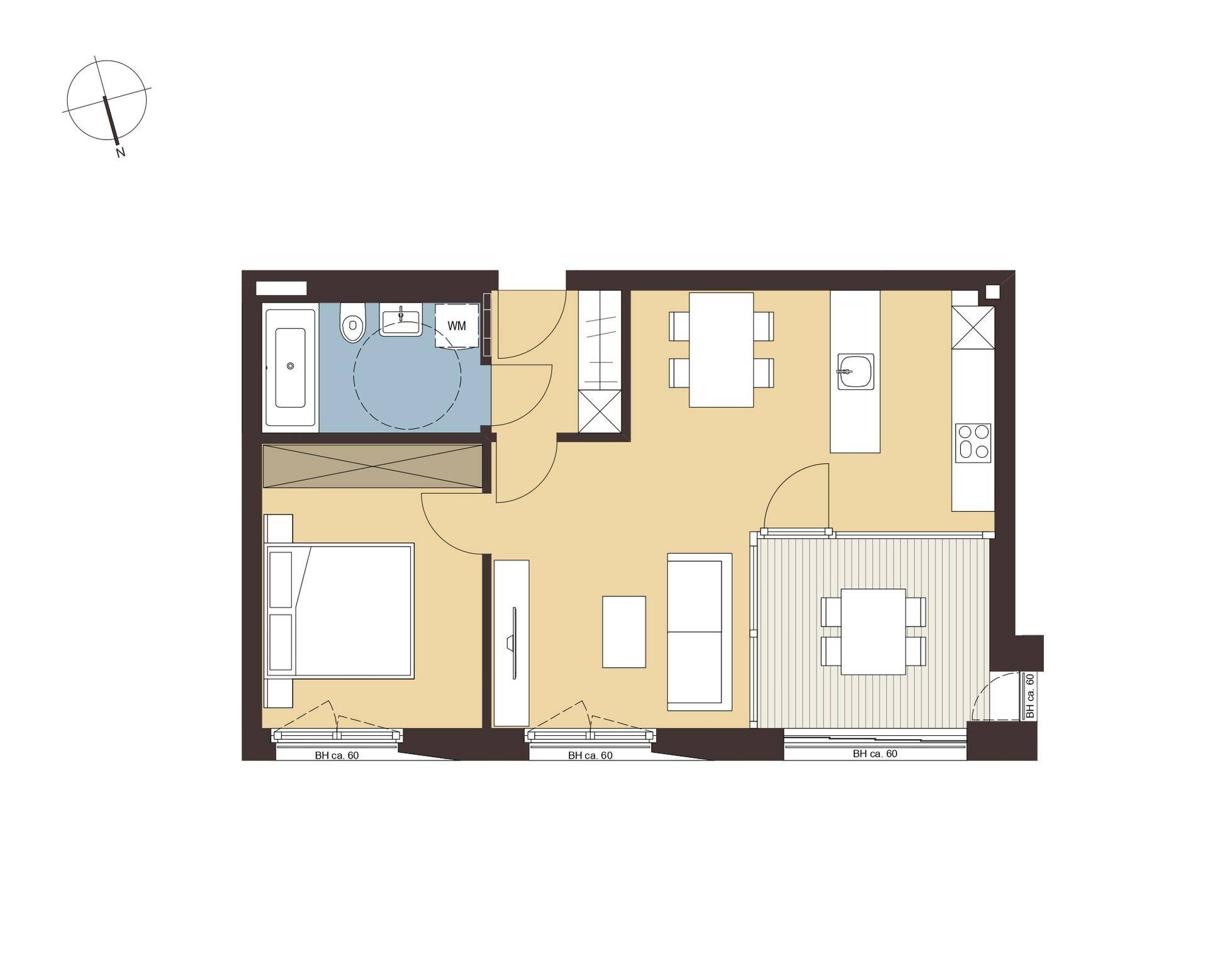 Grundriss einer Wohnung mit Schlafzimmer, Bad, offenem Wohnbereich und Balkon.