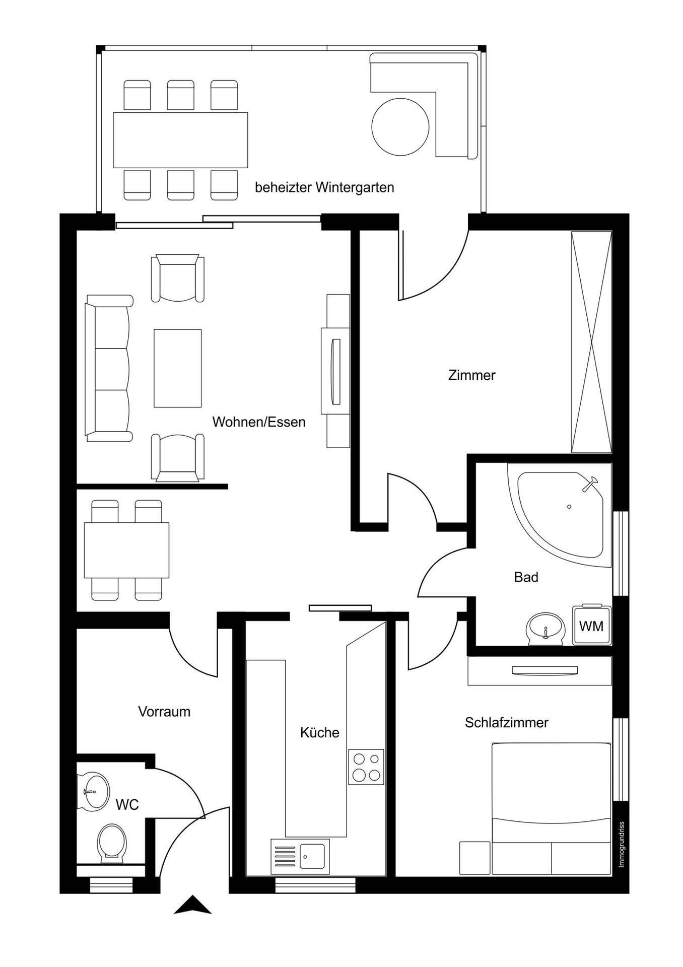 Grundriss der Wohnung mit Wohn-Essbereich, Küche, Schlafzimmer und beheiztem Wintergarten.