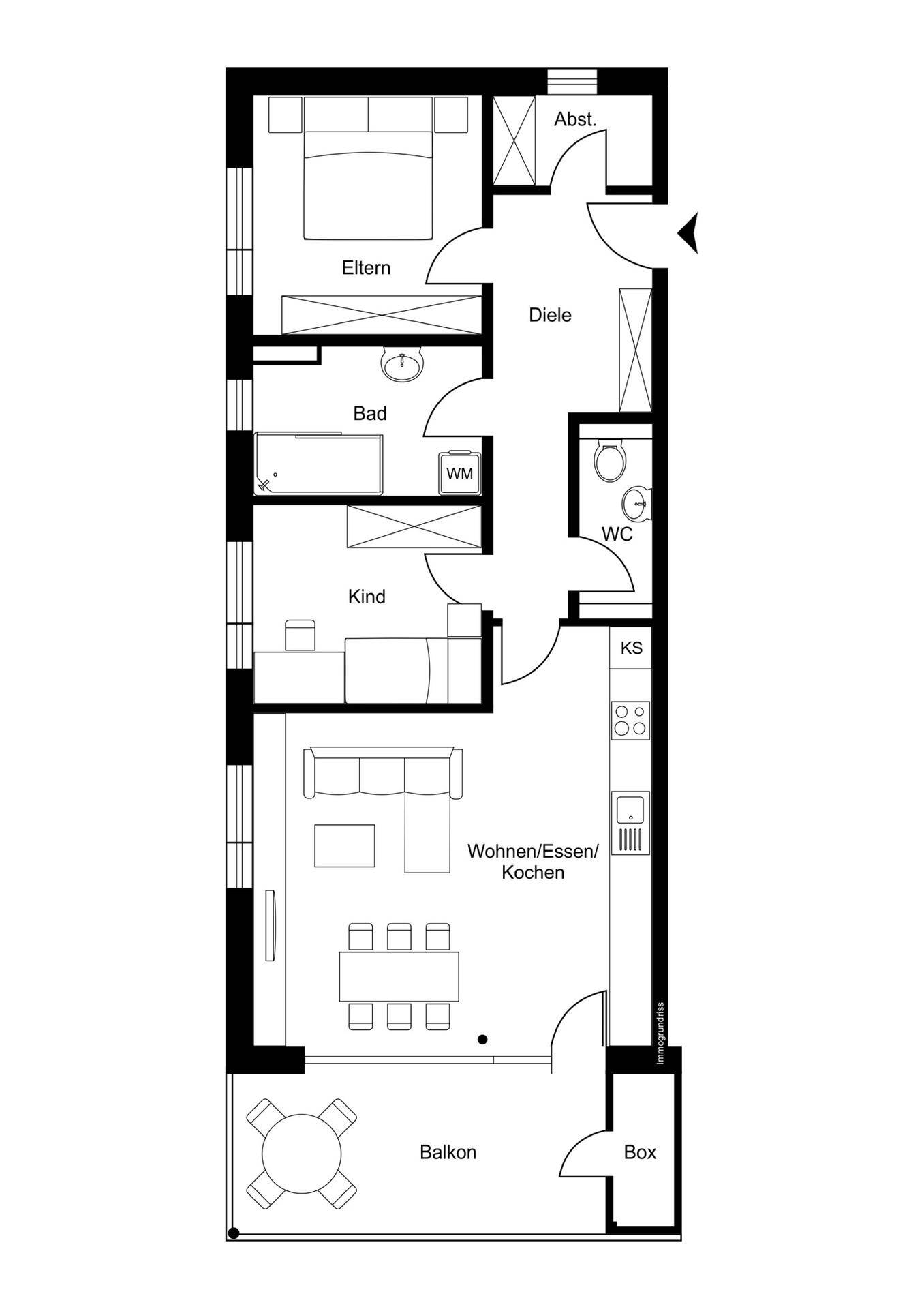 Grundriss einer Wohnung mit drei Zimmern, offenem Wohnbereich und Balkon.