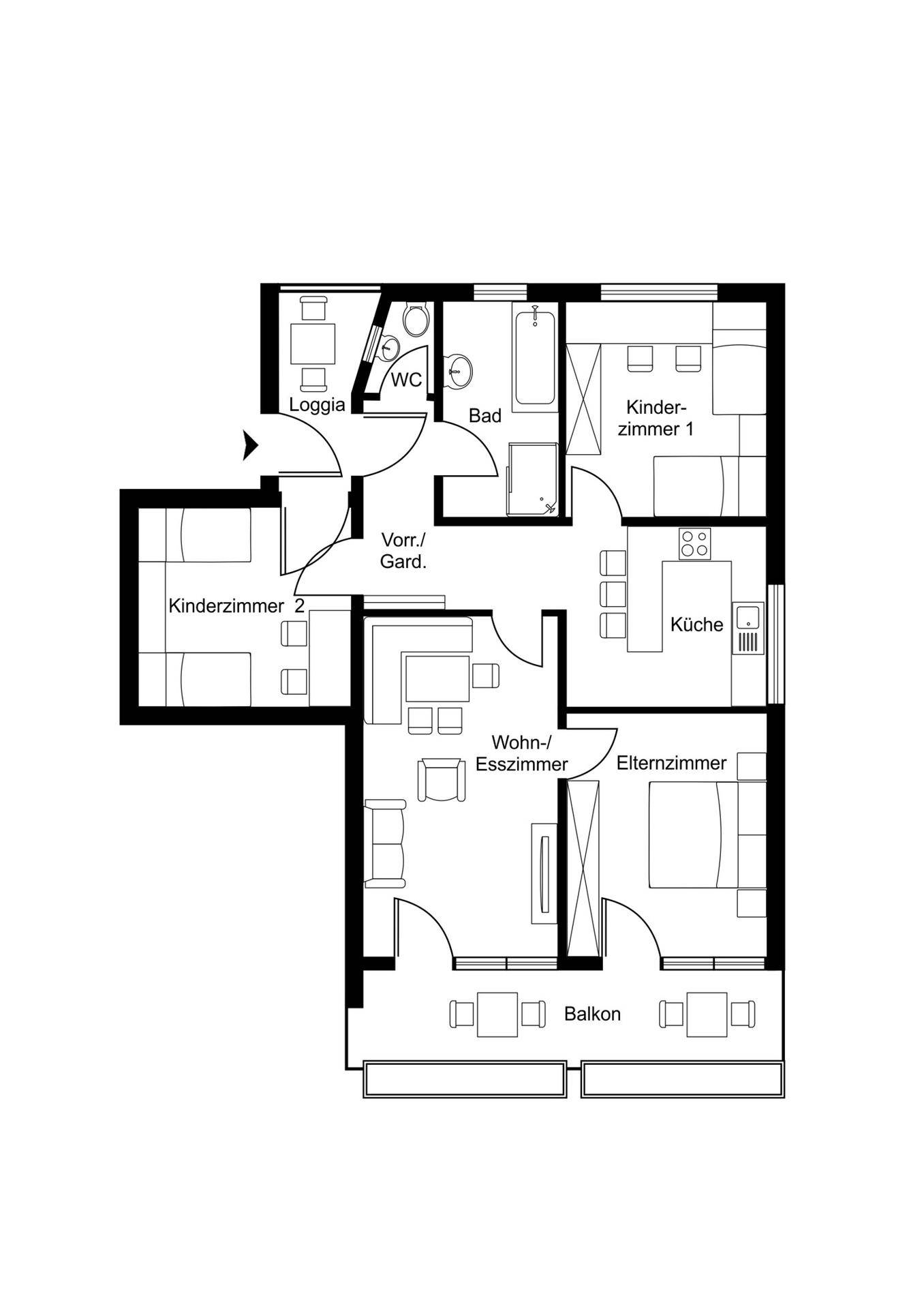 Grundriss einer Wohnung mit drei Schlafzimmern, Wohn-Essbereich, Küche, Bad und Loggia.