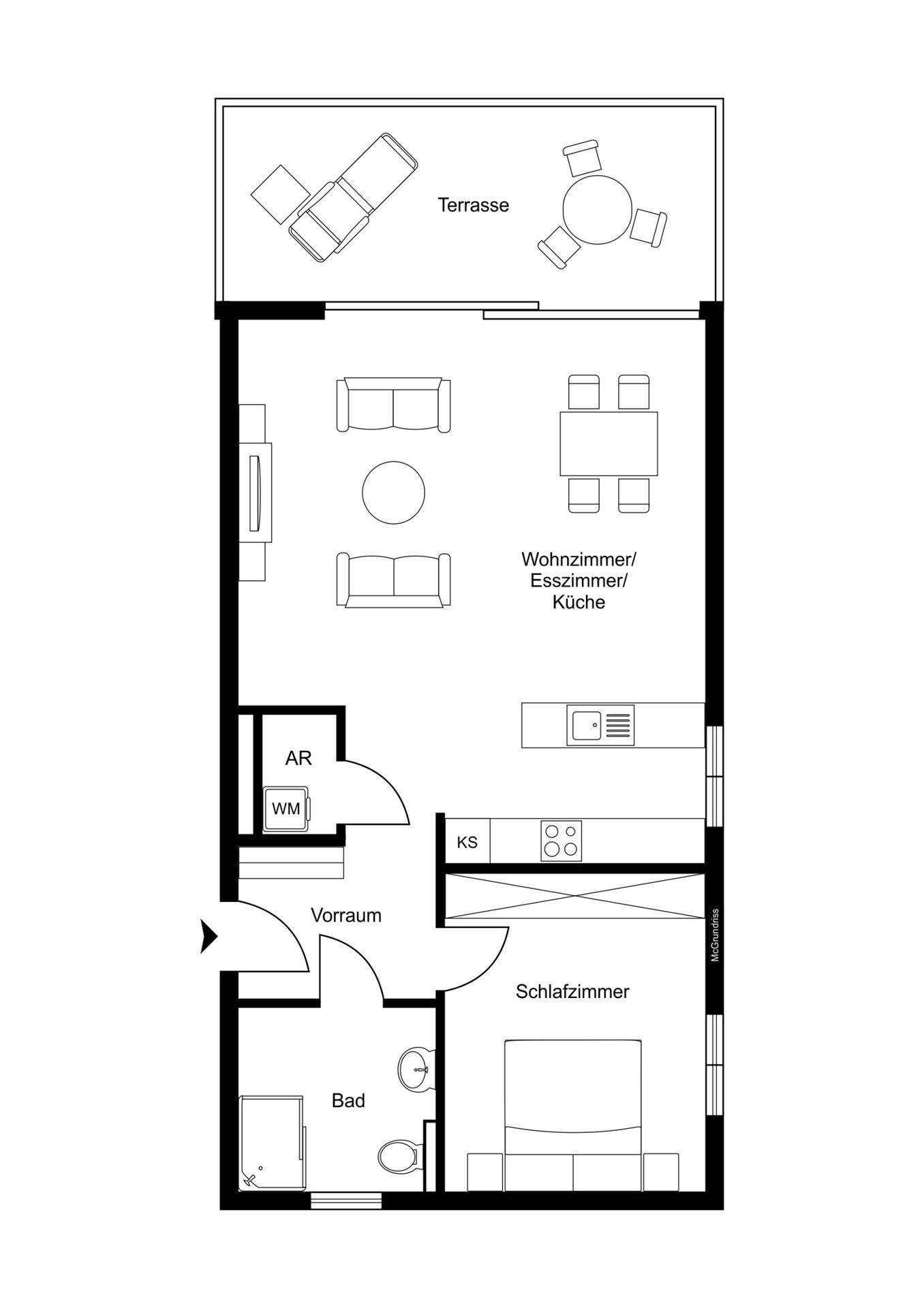 Grundriss der Wohnung mit offenem Wohn-/Ess-/Kochbereich, Schlafzimmer und Terrasse.