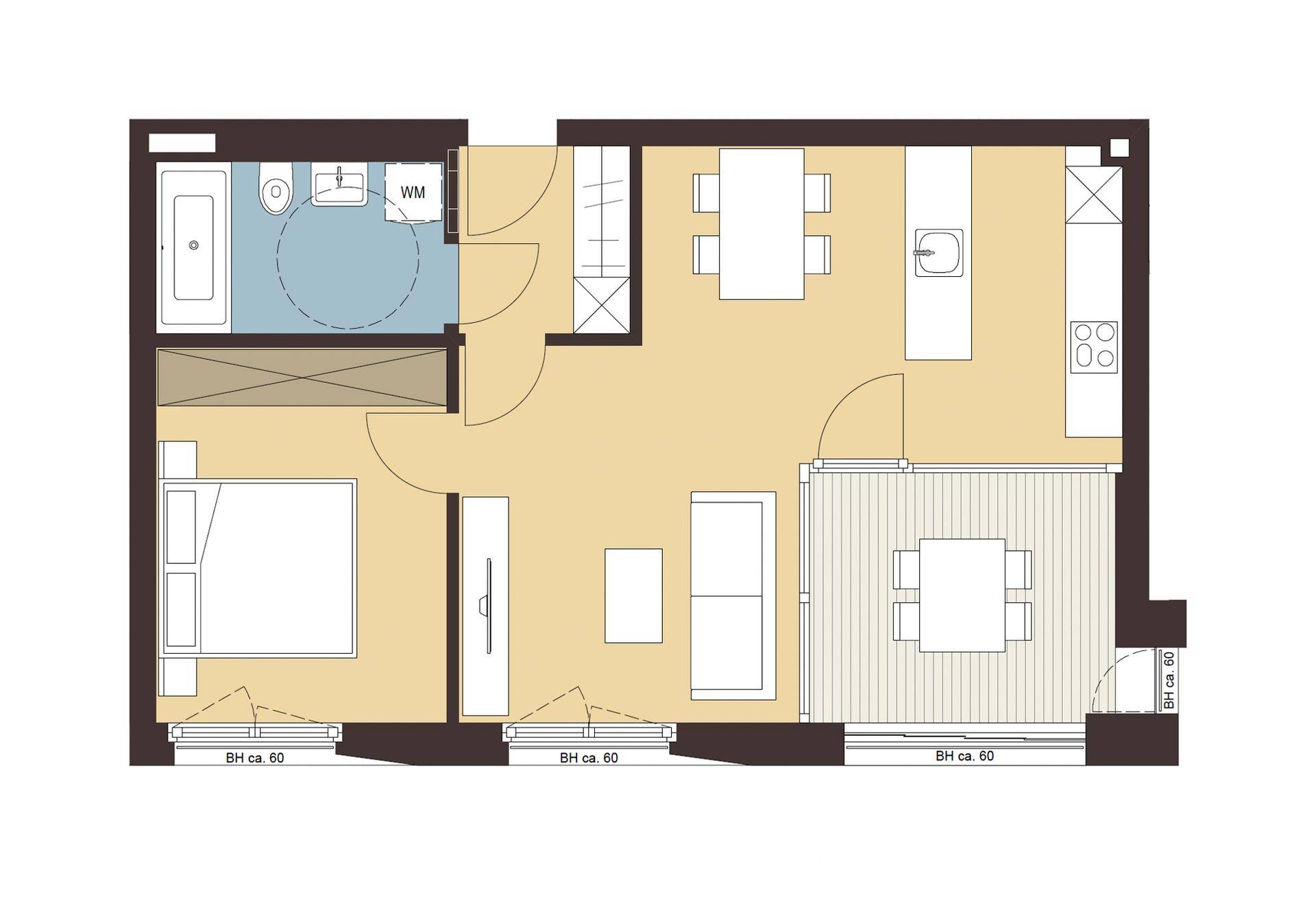Grundriss einer Wohnung mit Schlafzimmer, Bad, offener Küche und Wohnbereich.