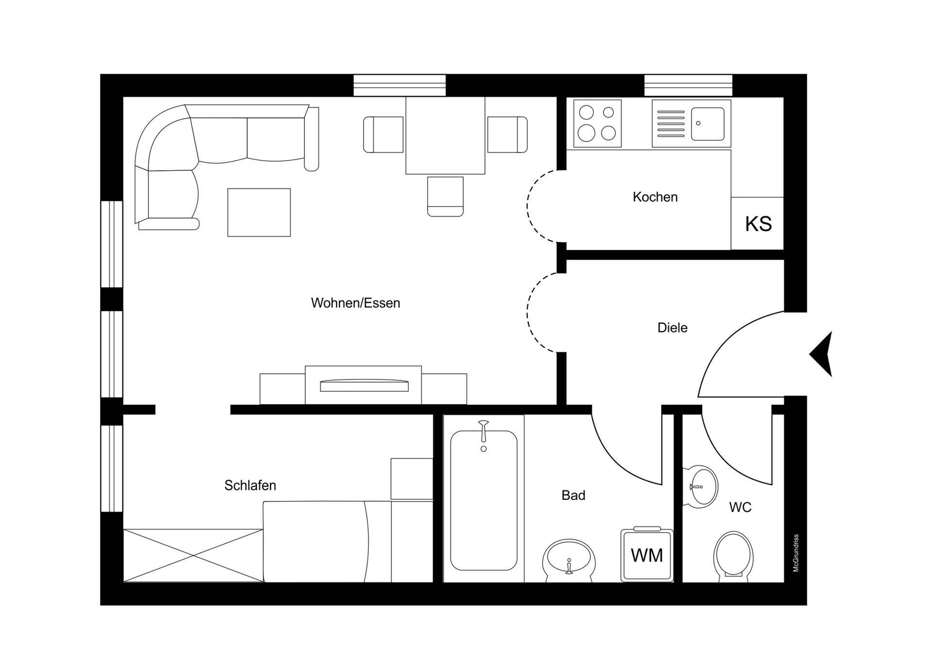 Grundriss der Wohnung mit separatem Schlafzimmer, Wohn-Essbereich und Küche.